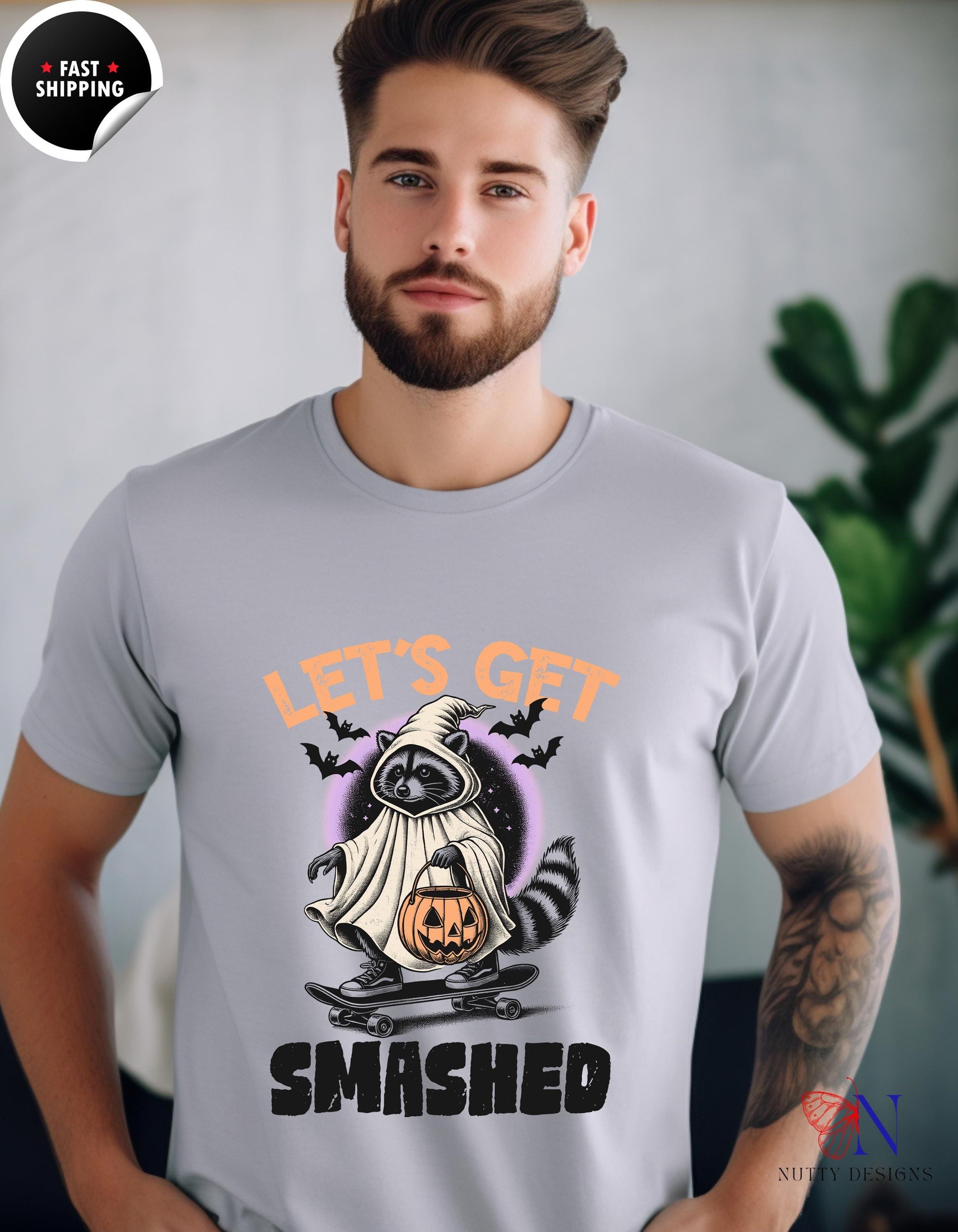 a man wearing a t - shirt that says let&#39;s get smashed