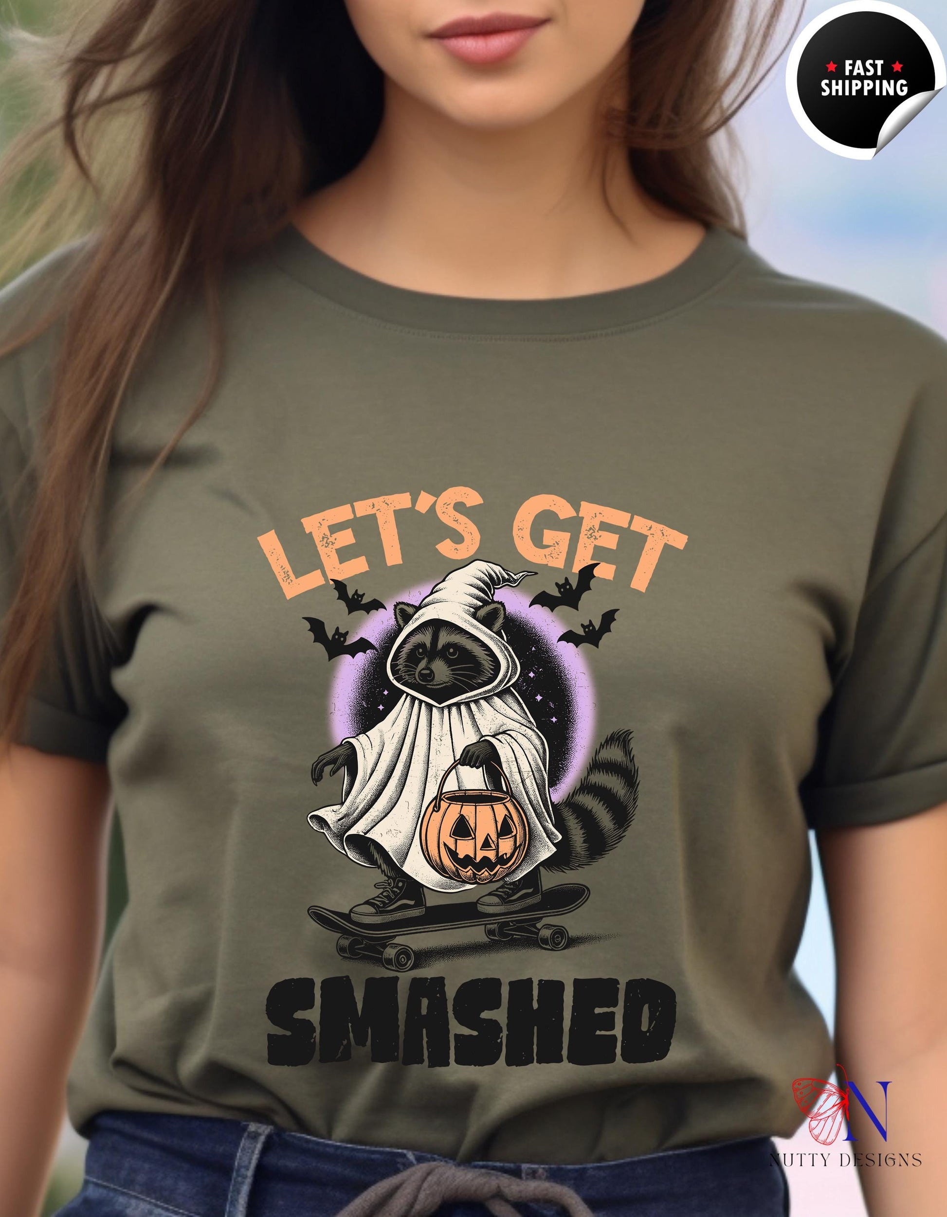 a woman wearing a t - shirt that says let&#39;s get smashed