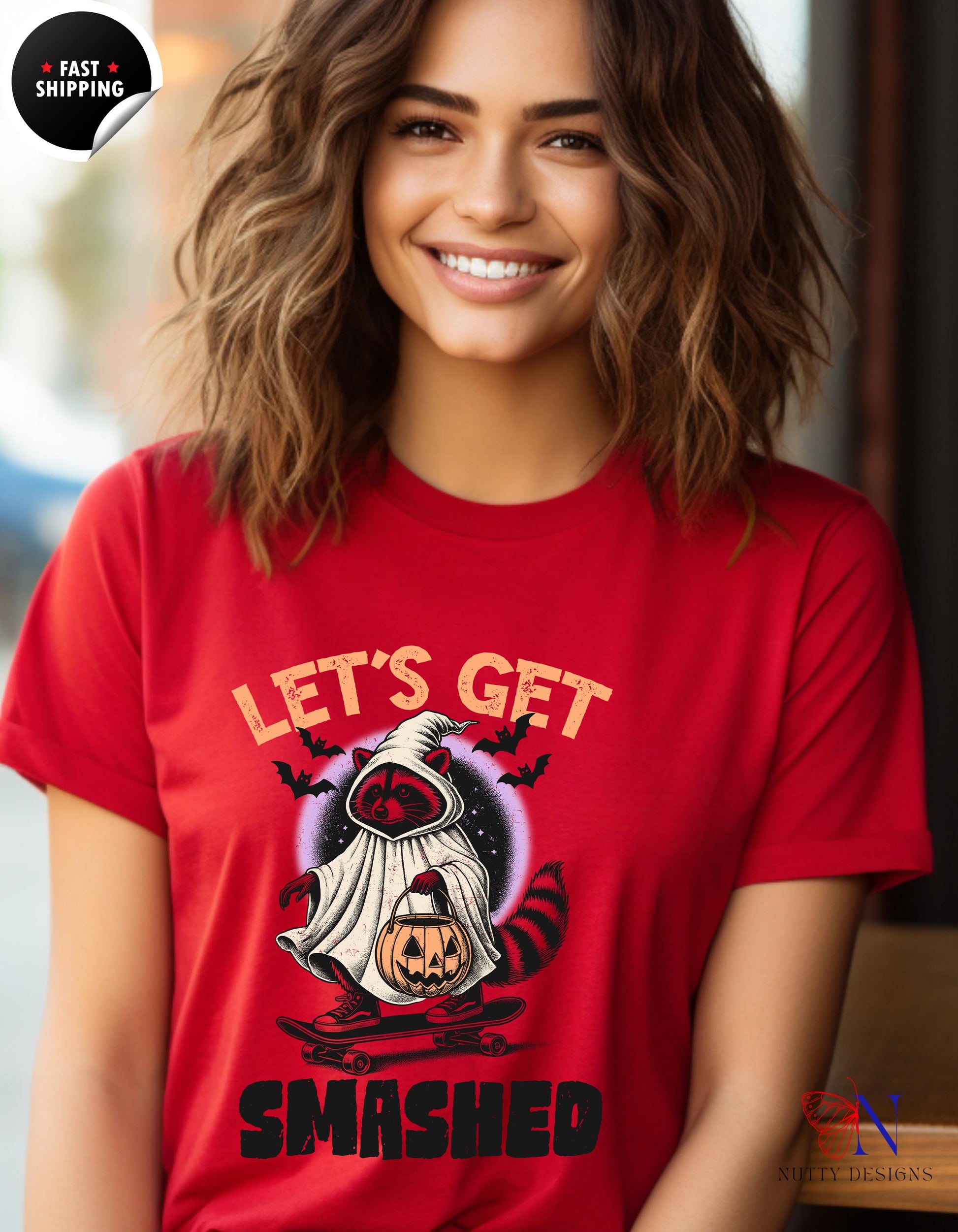 a woman wearing a red t - shirt that says let&#39;s get smashed