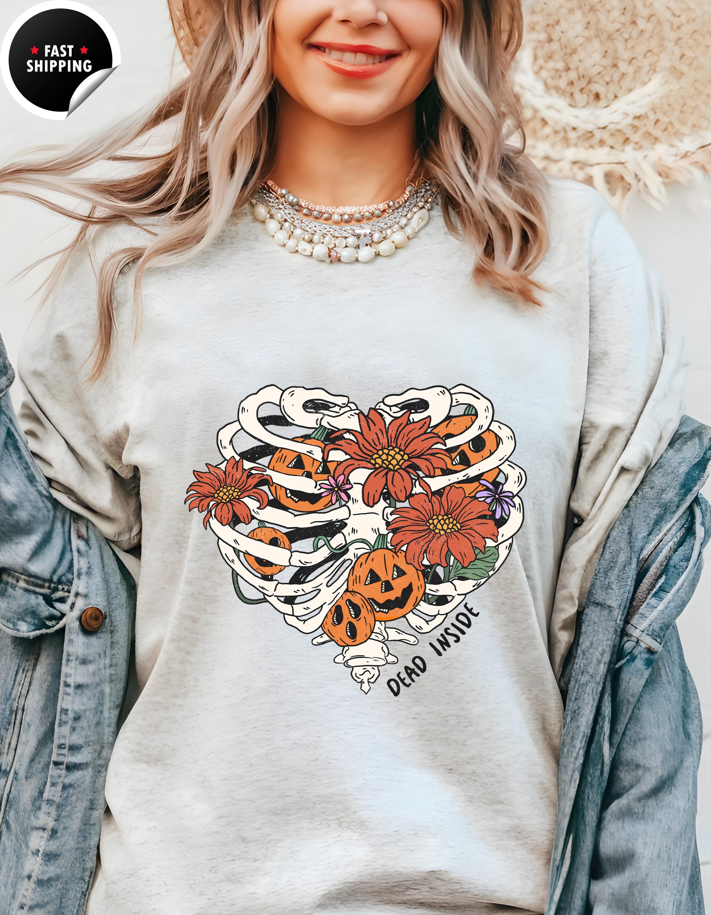 Skeleton Dead Inside Halloween T-Shirt, Cute Halloween Tee, Spooky Graphic Shirt for Autumn, Trick or Treat Apparel