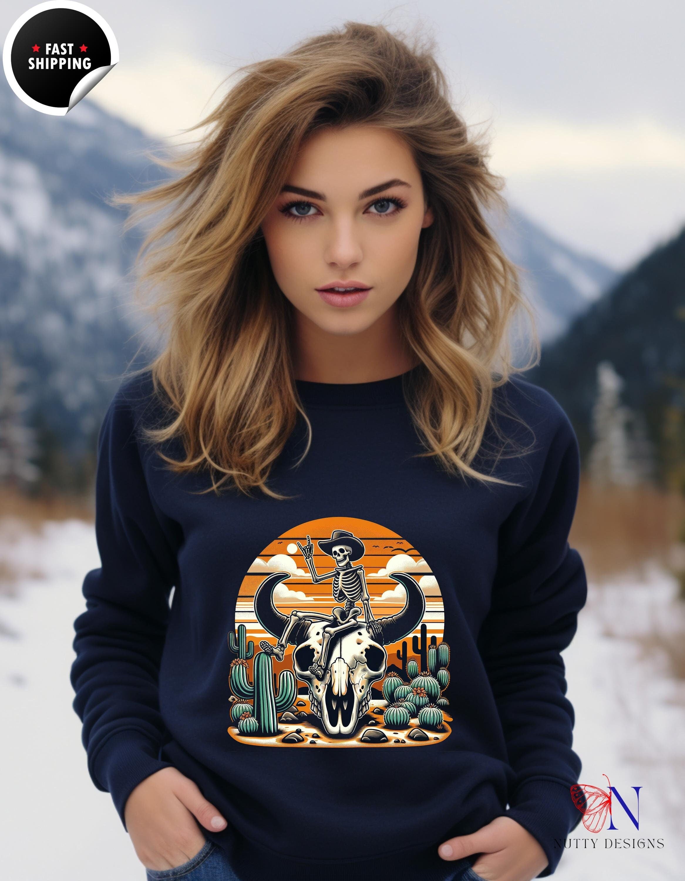 Cowboy Skeleton Bull Skull Sweatshirt | Desert Style, Cozy Long Sleeve Top, Gifts for Her & Him