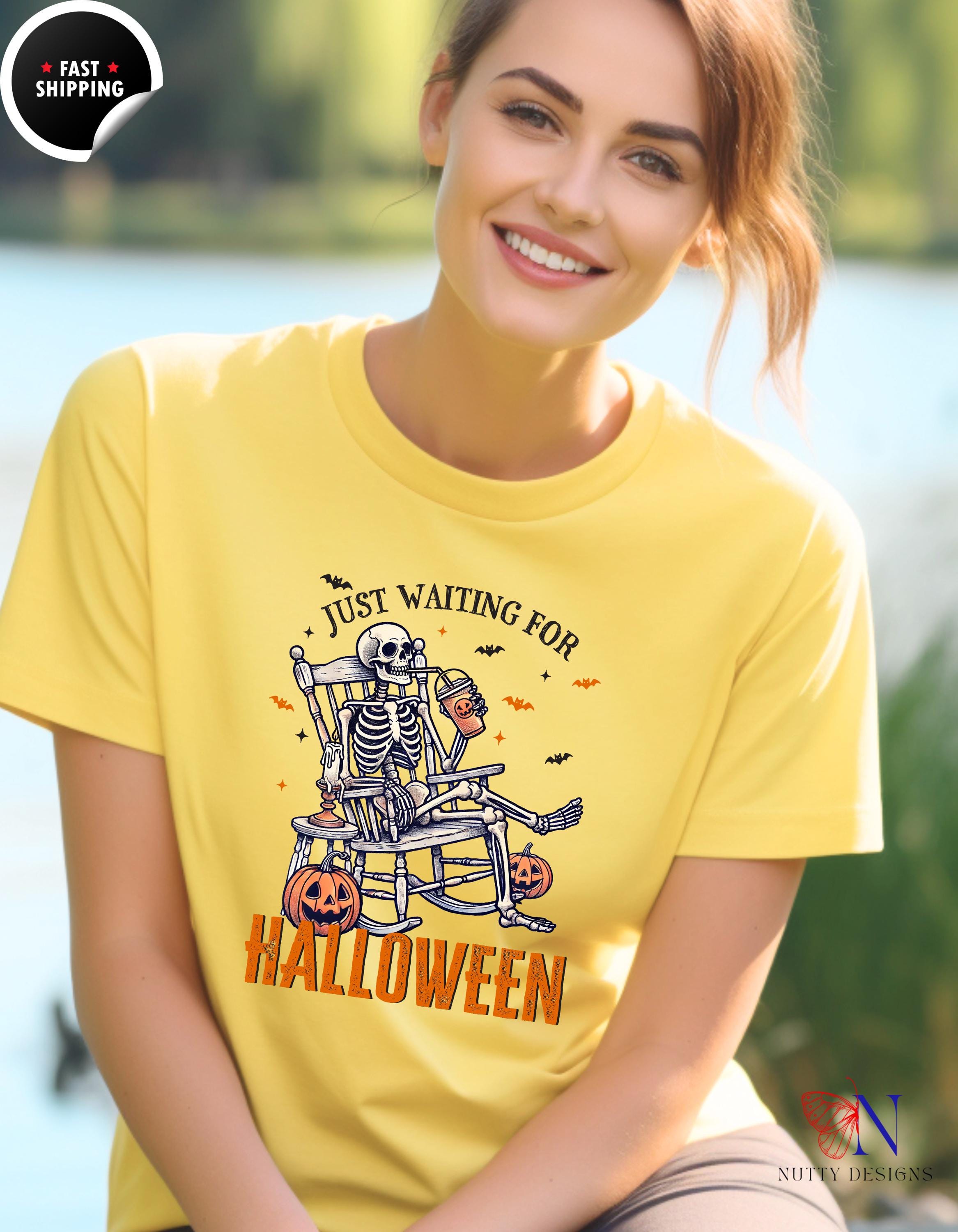 Just Waiting for Halloween Black T-Shirt | Spooky Graphic Tee | Halloween Costume Shirt | Fun Fall Apparel