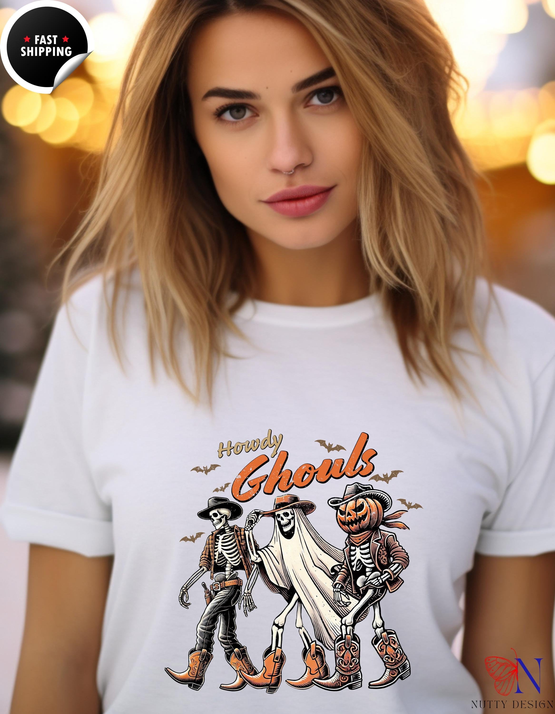 Howdy Ghouls Halloween T-shirt | Cute Cowboy Skeletons, Ghosts Tee | Spooky Festive Fall Autumn Tee for Kids & Adults