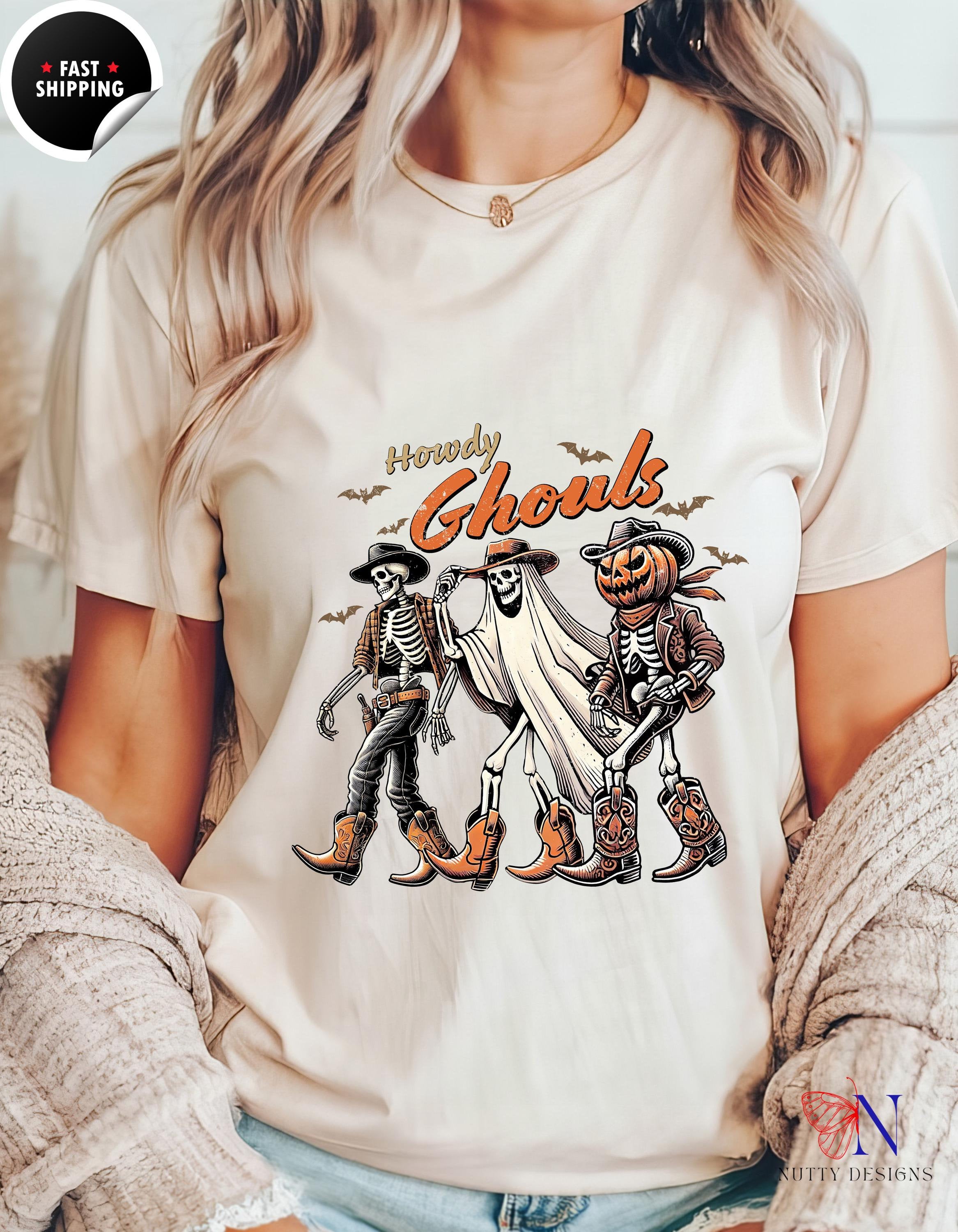 Howdy Ghouls Halloween T-shirt | Cute Cowboy Skeletons, Ghosts Tee | Spooky Festive Fall Autumn Tee for Kids & Adults