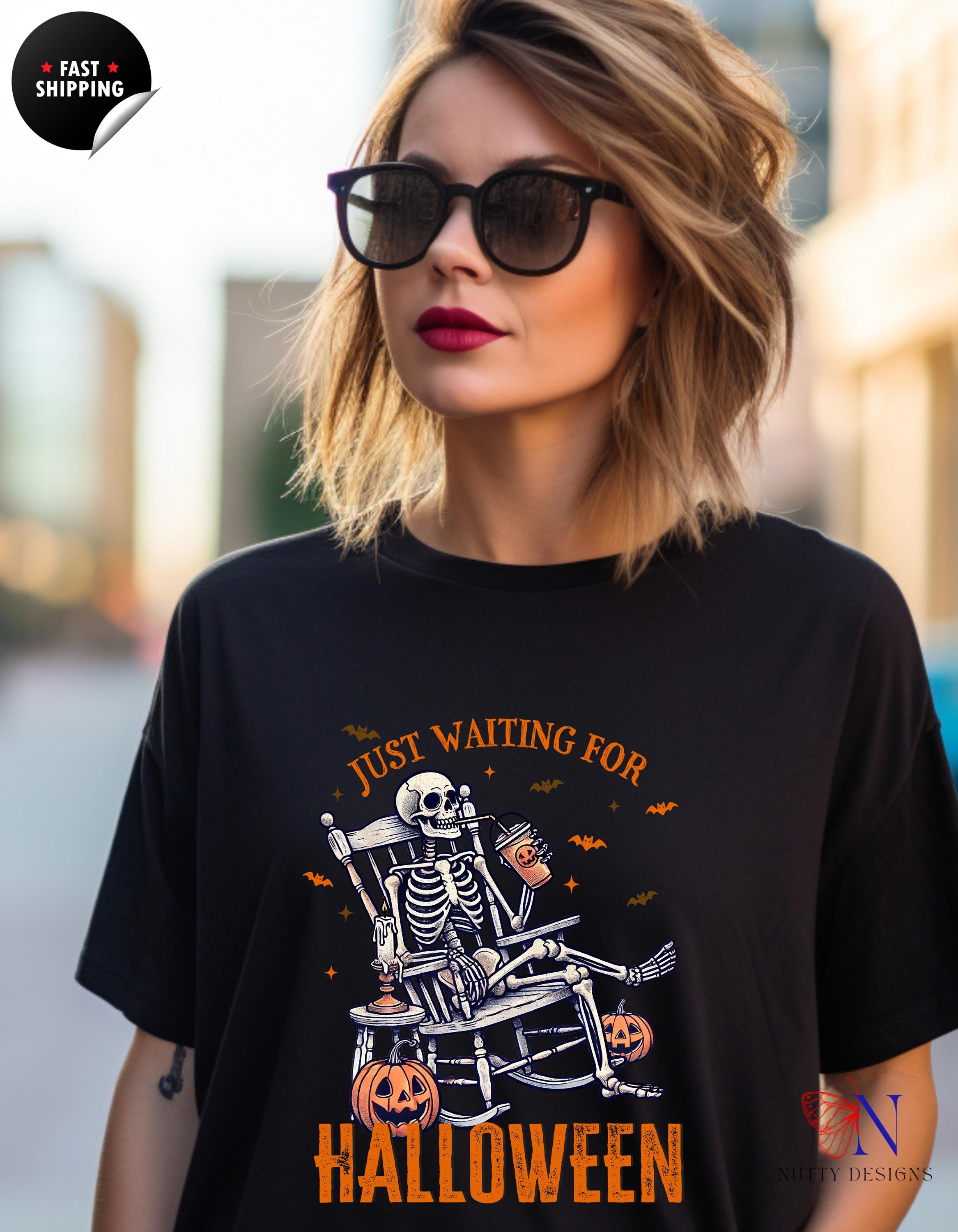 Just Waiting For Halloween Skeleton T-shirt | Spooky Graphic Tee | Halloween Costume Top | Fall Celebration Wear