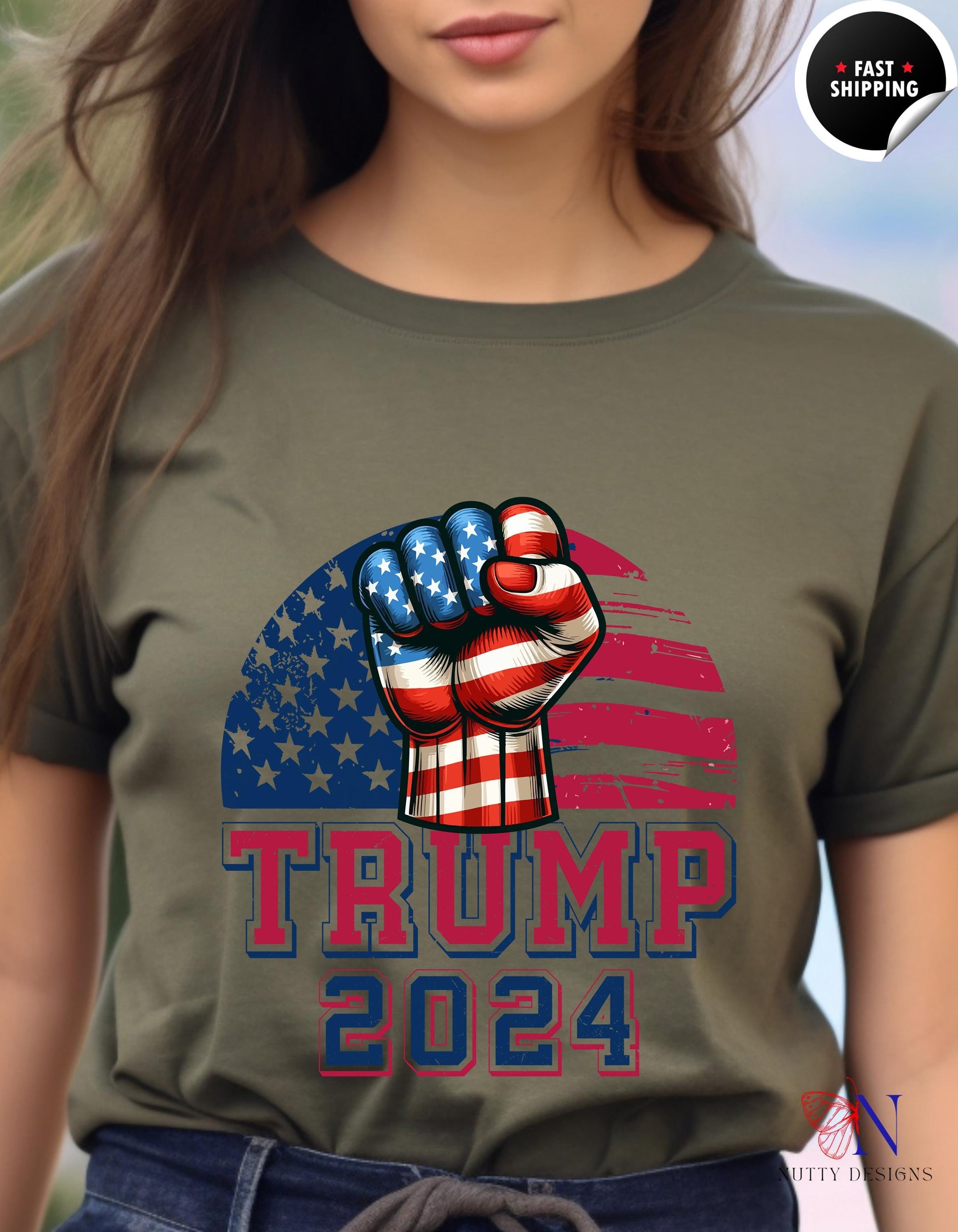 a woman wearing a t - shirt with the american flag on it