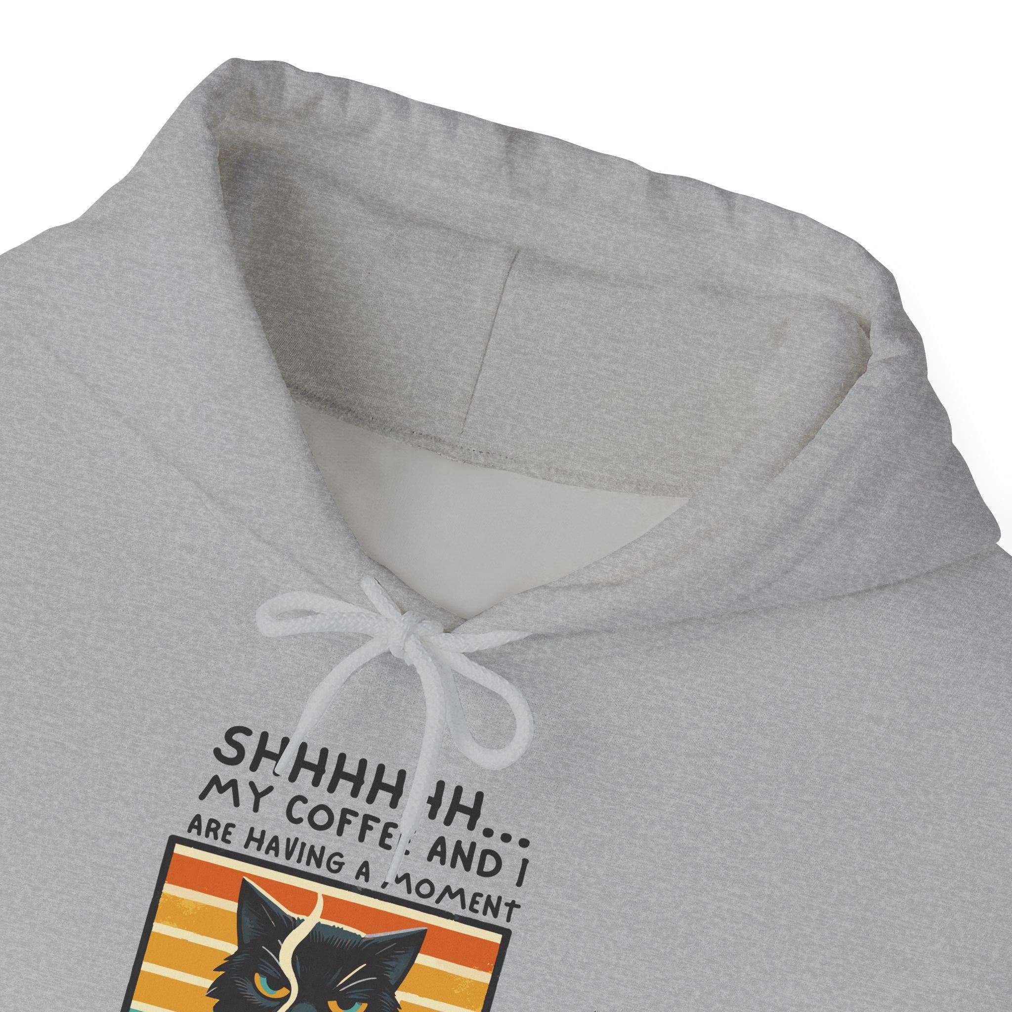 SHHHHHH My Coffee and I hoodie, cozy unisex sweatshirt with cat design, perfect for cold days.