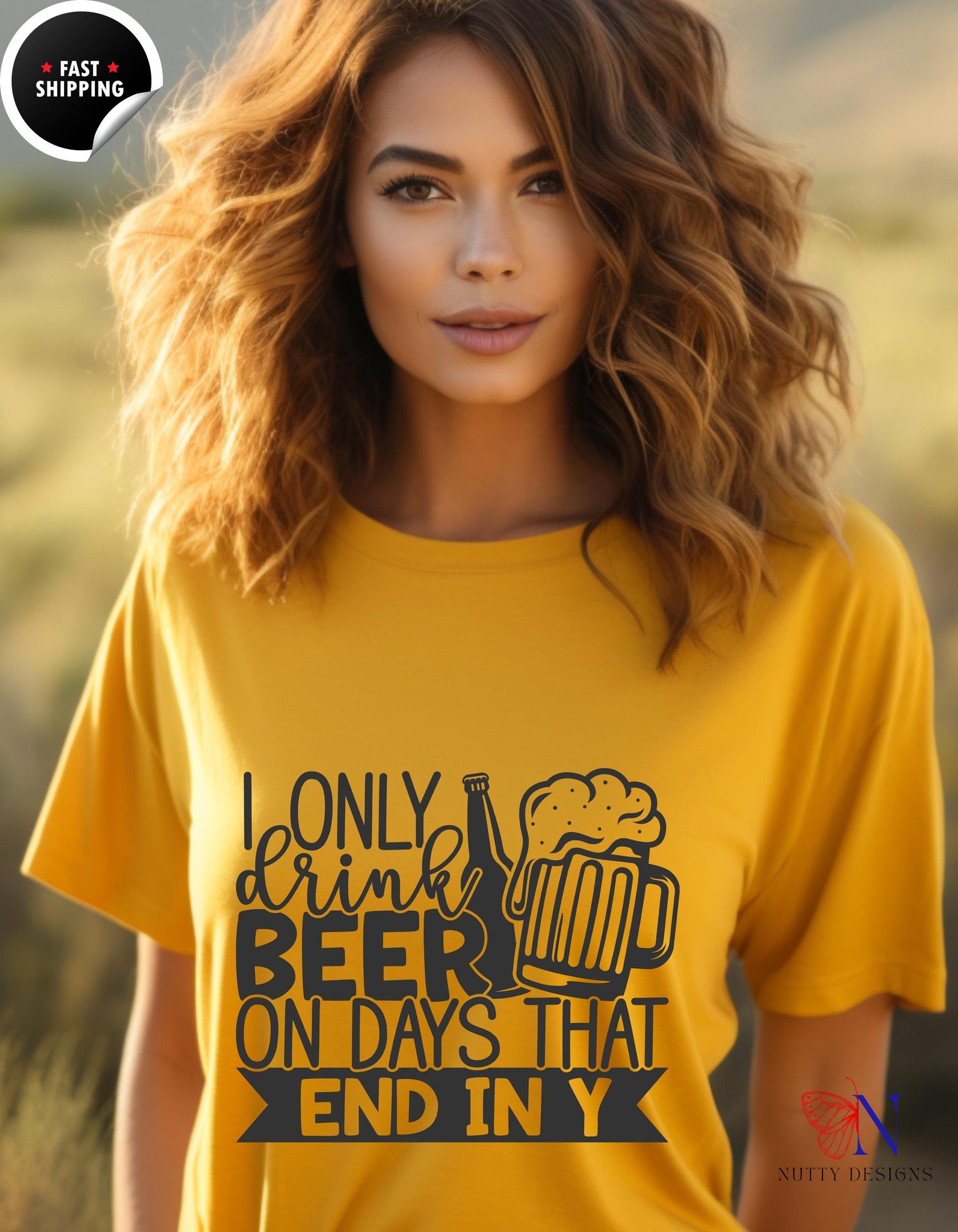 a woman wearing a yellow t - shirt that says, only drink beer on days