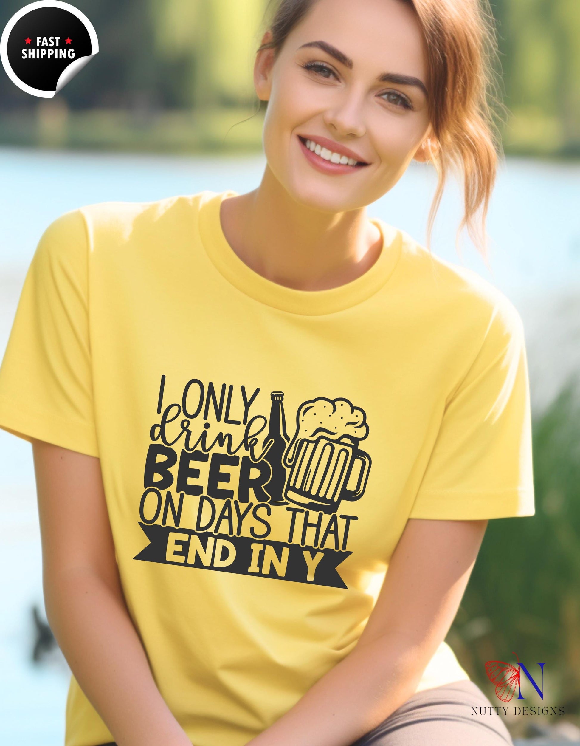 a woman wearing a yellow t - shirt that says, only beer on days that