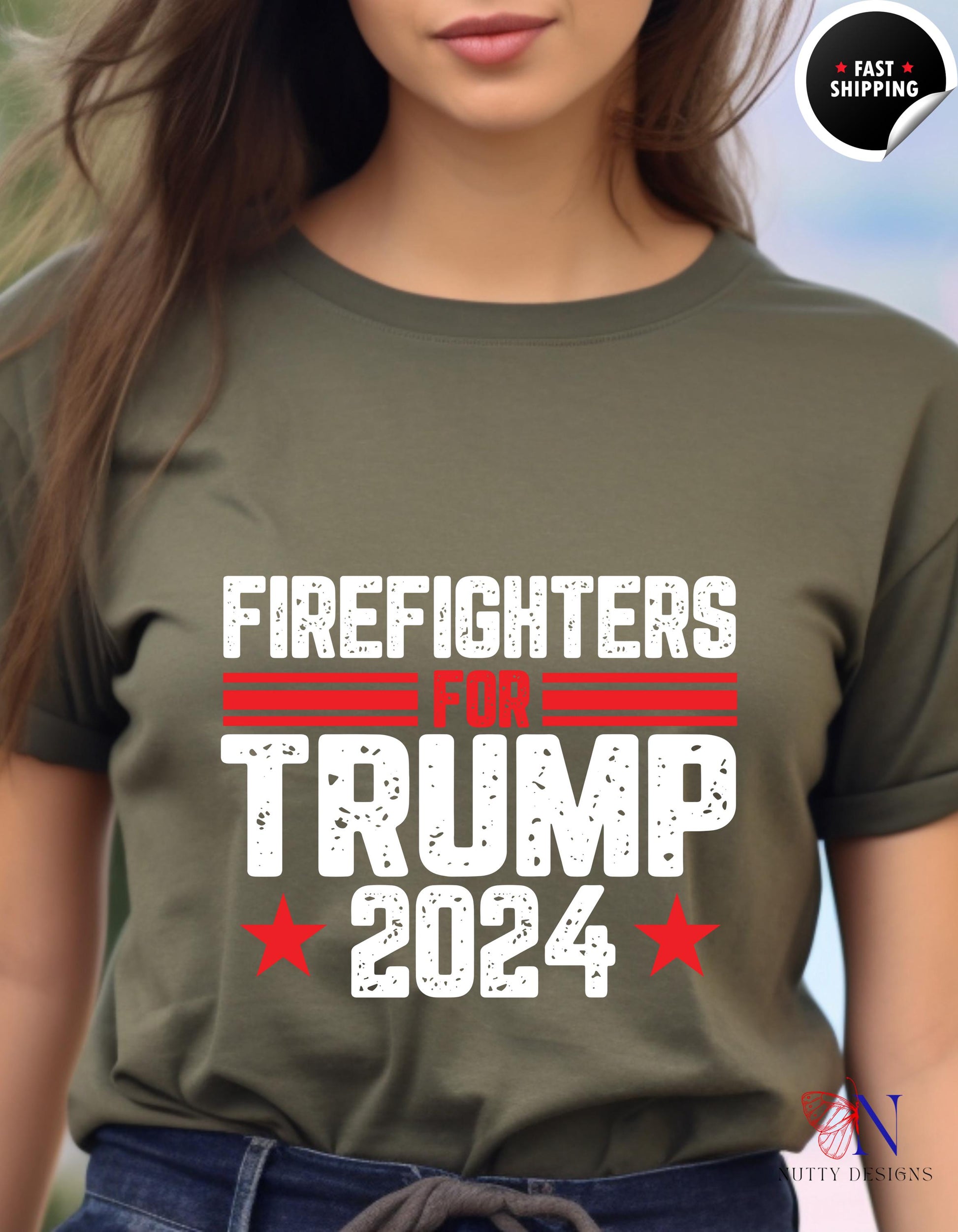 a woman wearing a t - shirt that says firefighters the trump 2012