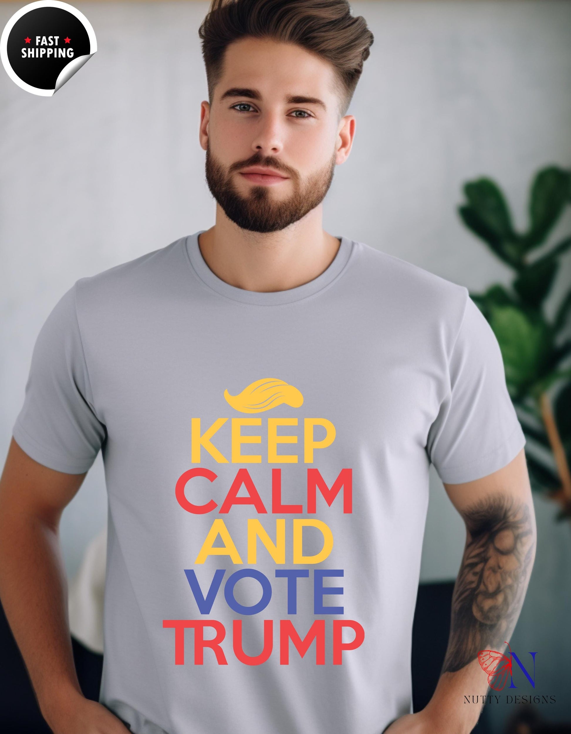 a man wearing a t - shirt that says keep calm and vote trump