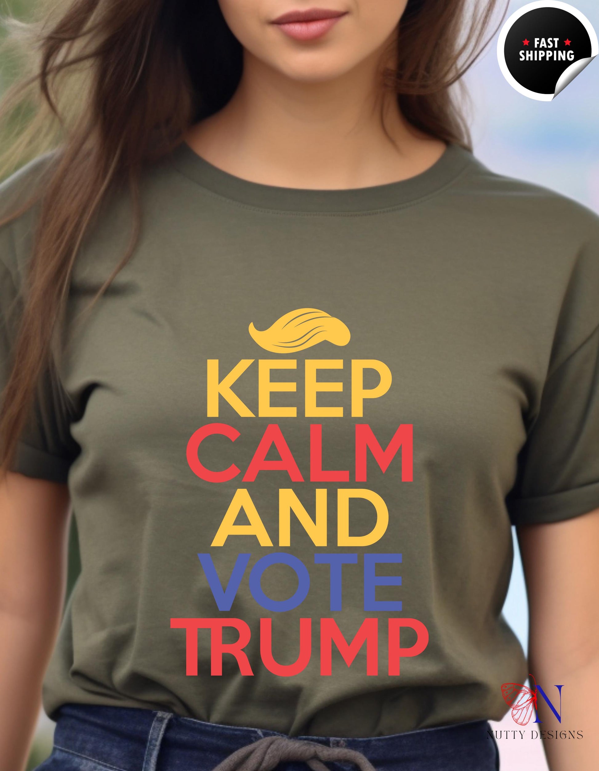 a woman wearing a t - shirt that says keep calm and vote trump