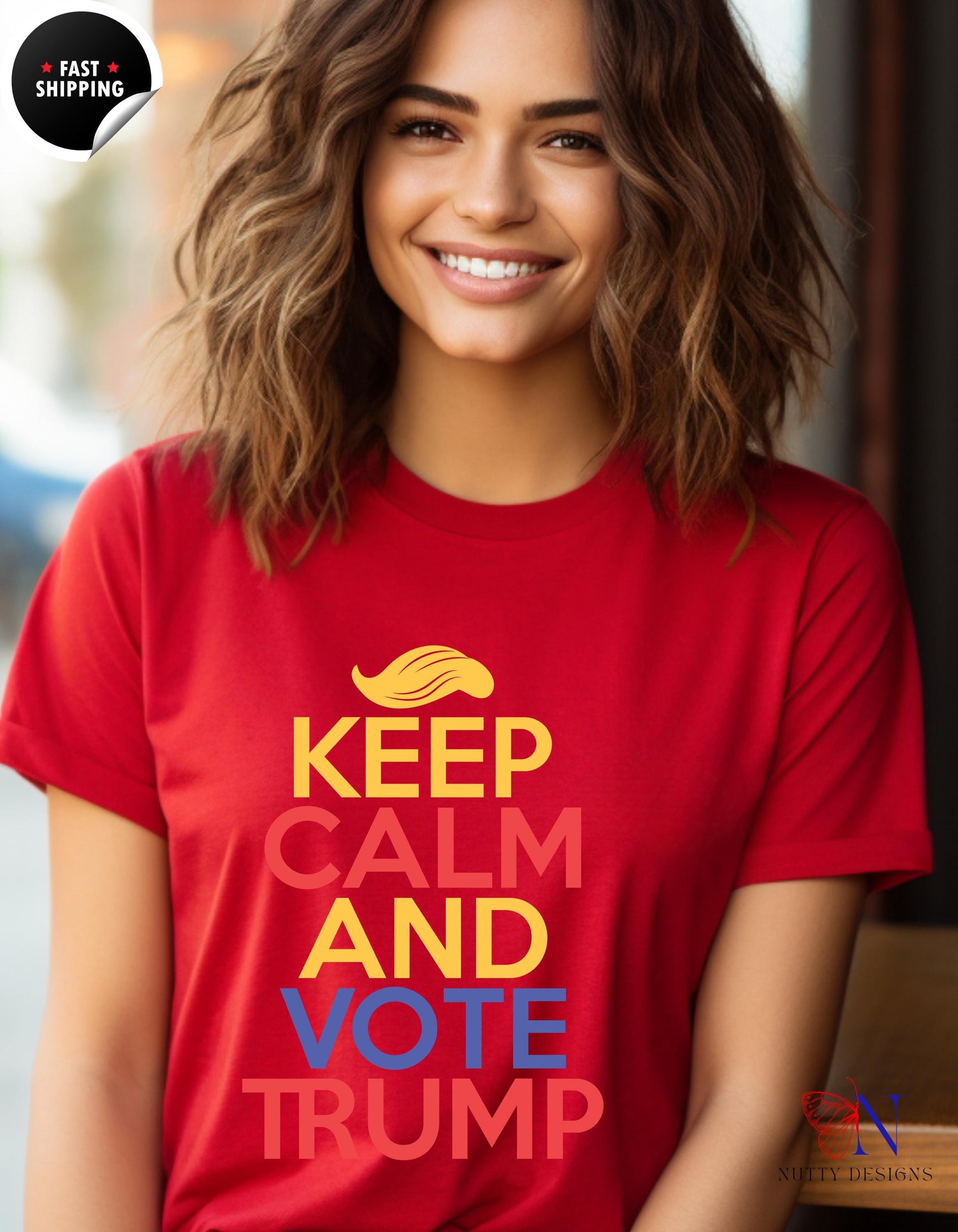 a woman wearing a red shirt that says keep calm and vote trump