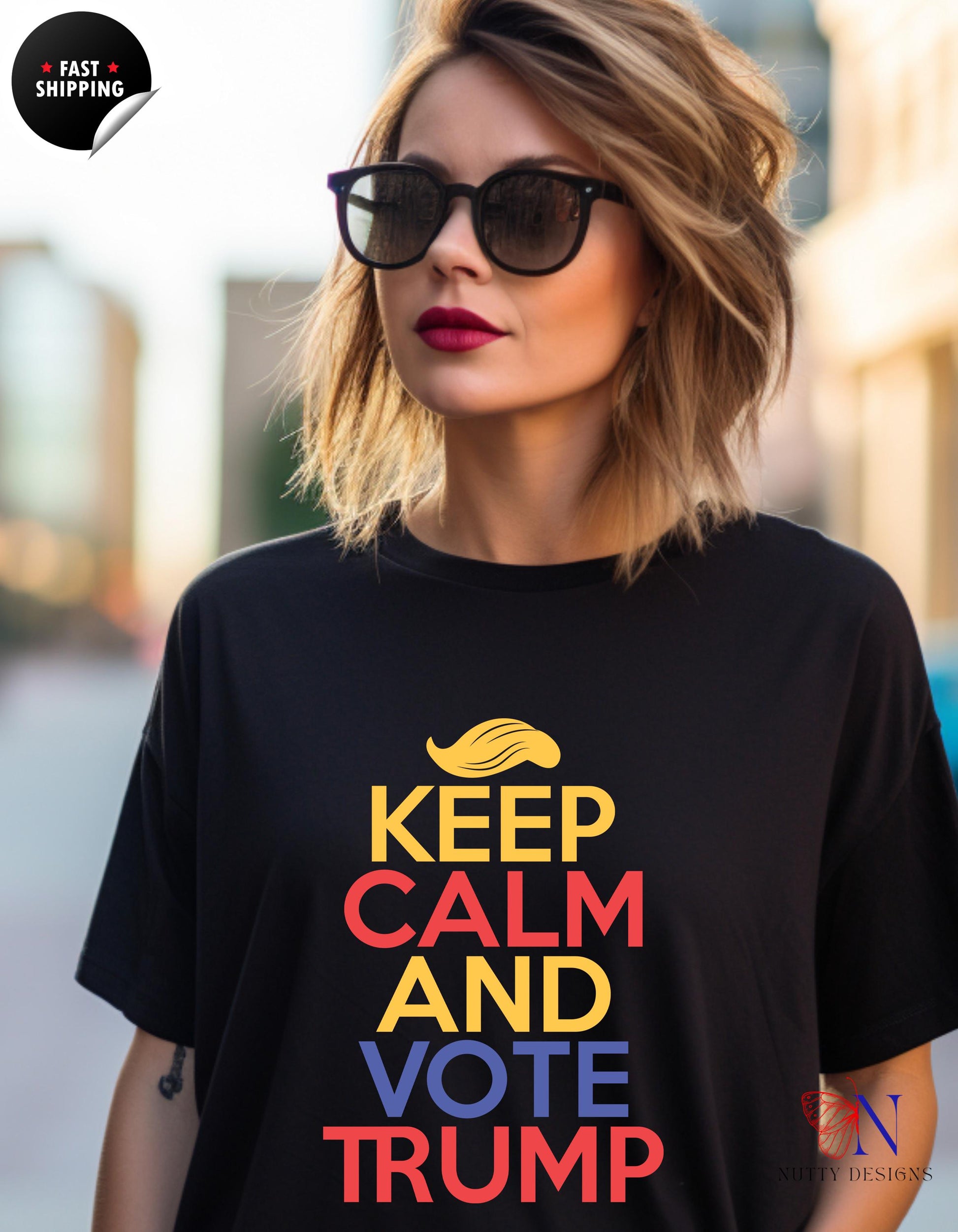 a woman wearing a t - shirt that says keep calm and vote trump