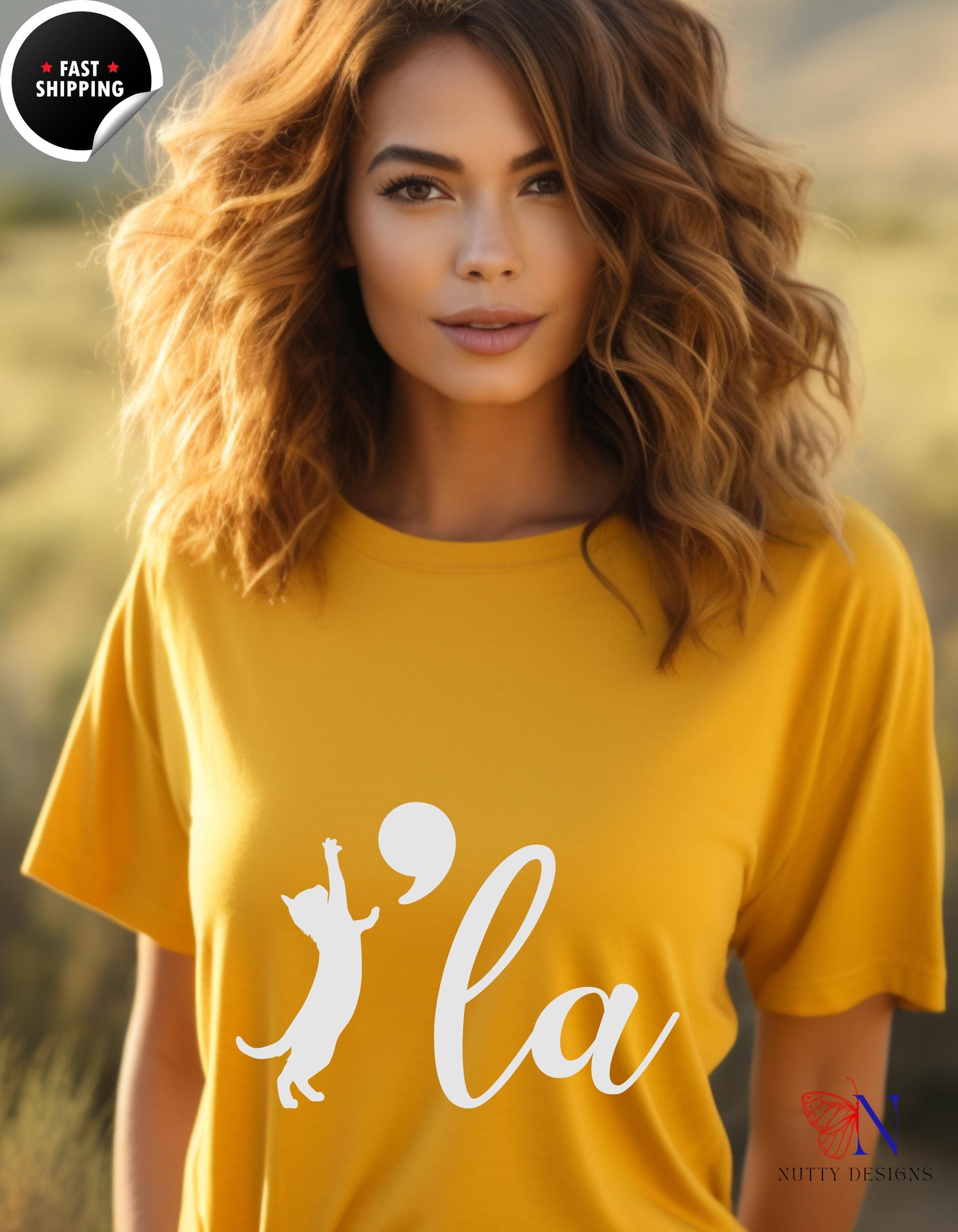 a woman wearing a yellow t - shirt with the word la on it