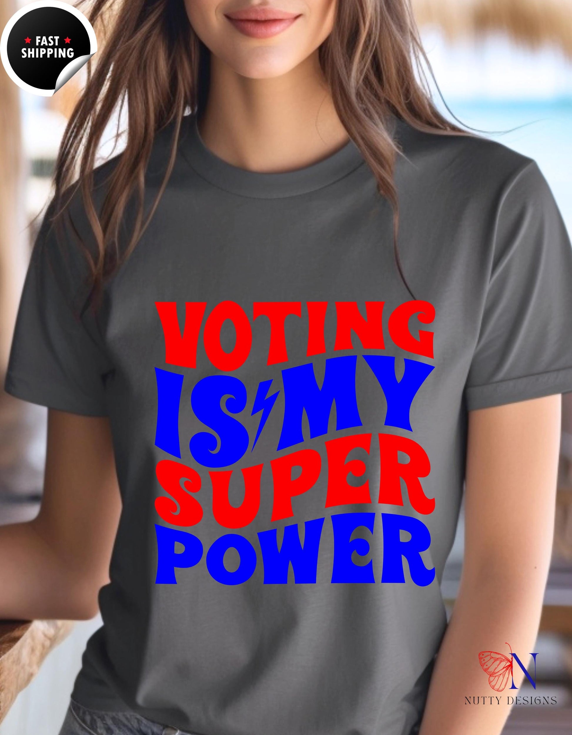 a woman wearing a voting is my super power t - shirt