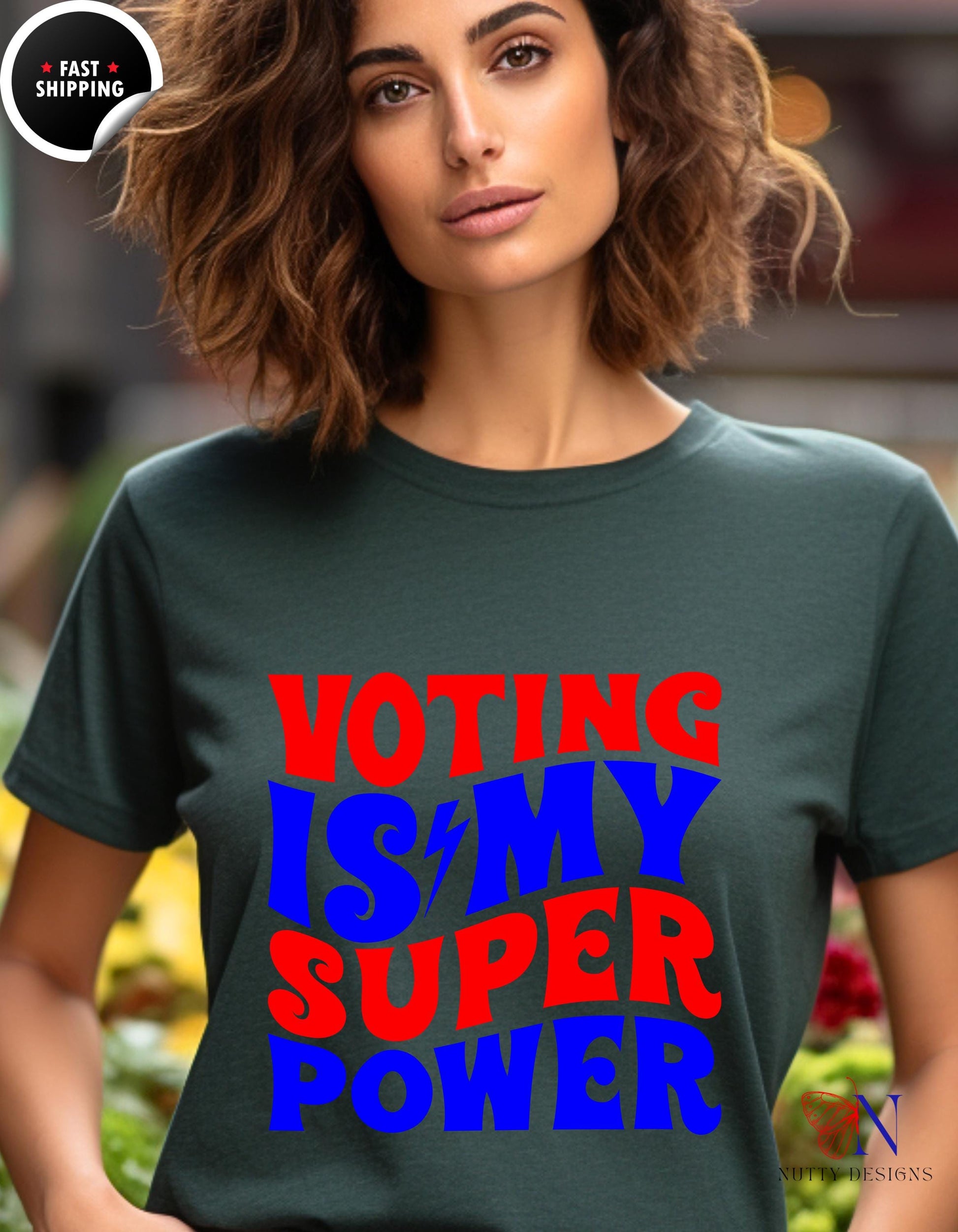 a woman wearing a voting is my super power t - shirt