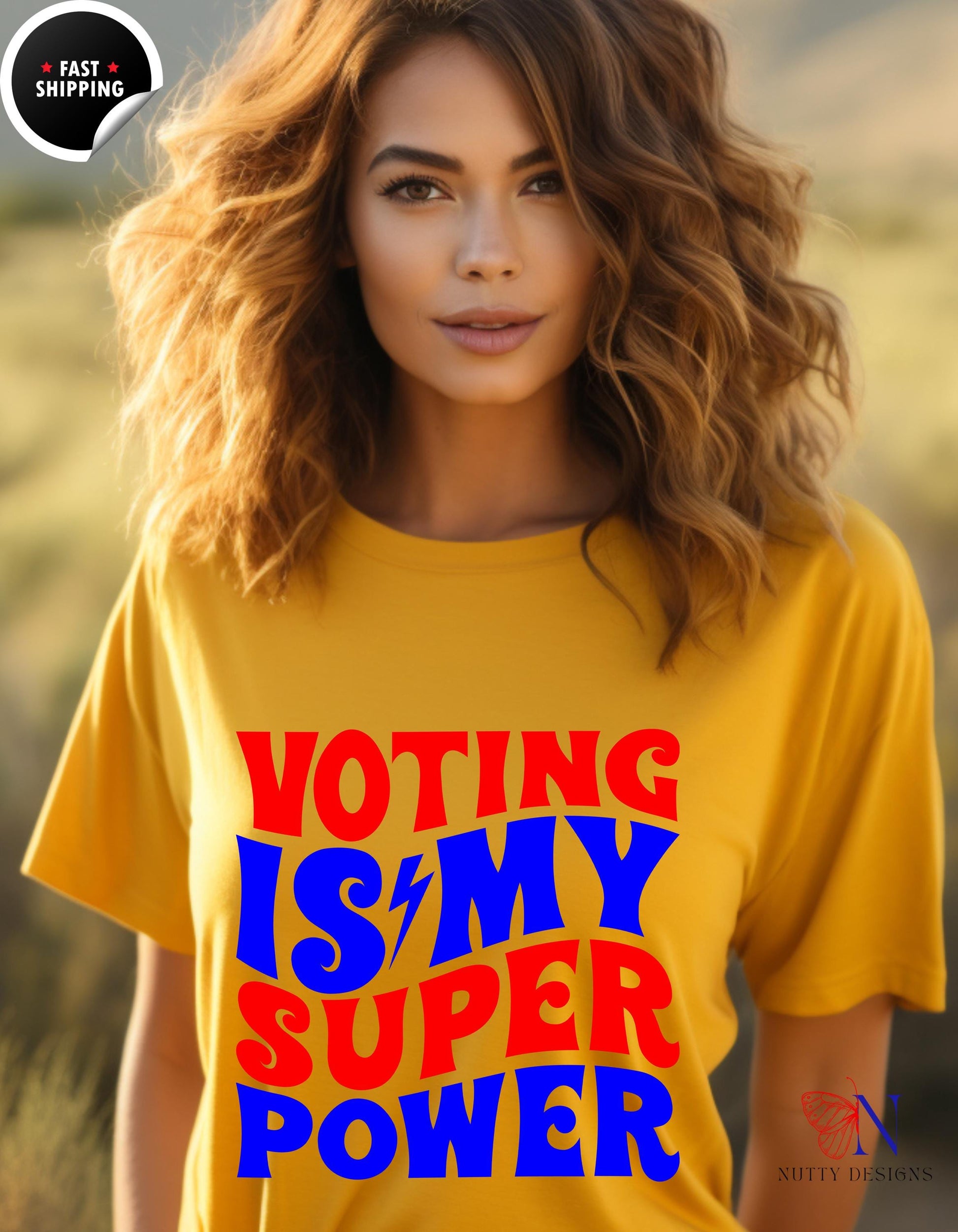 a woman wearing a voting is my super power t - shirt