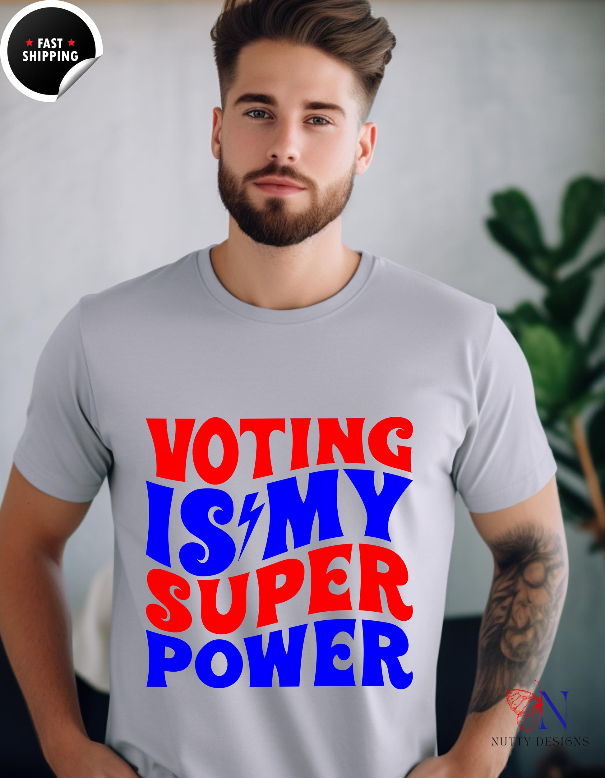 a man wearing a voting is my super power t - shirt