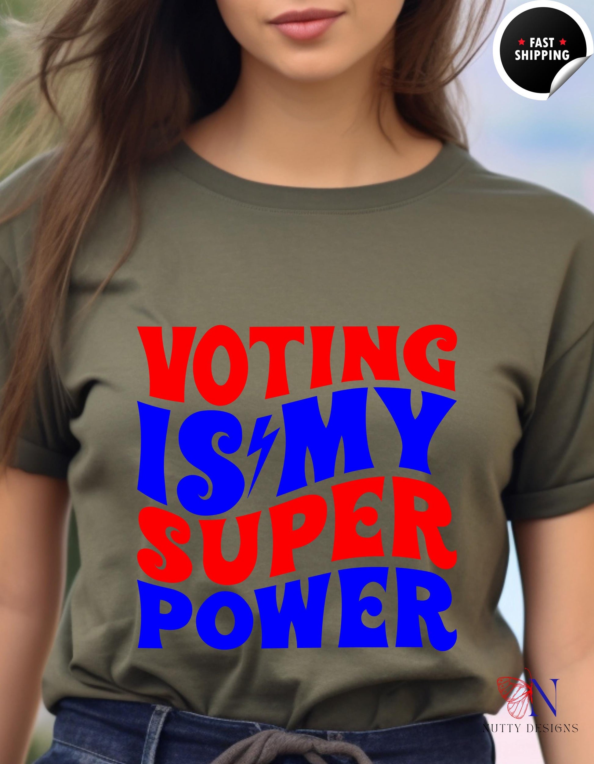 a woman wearing a voting is my super power t - shirt