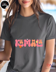 a woman wearing a t - shirt with the word kim on it