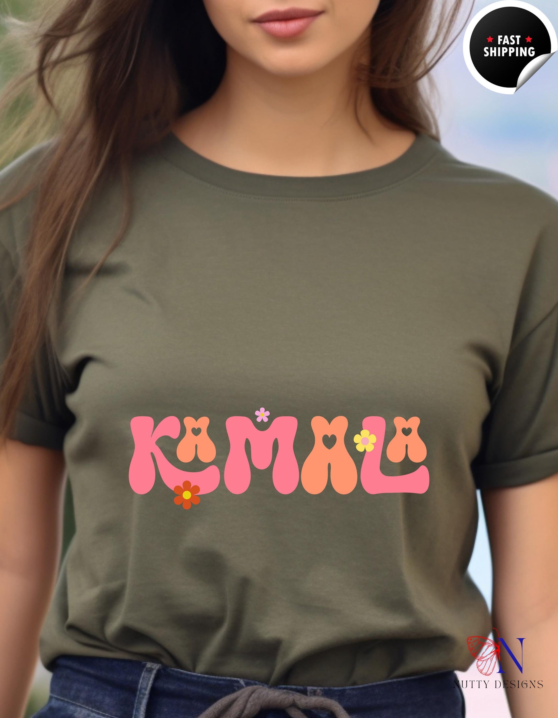 a woman wearing a khaki t - shirt with the word khaki