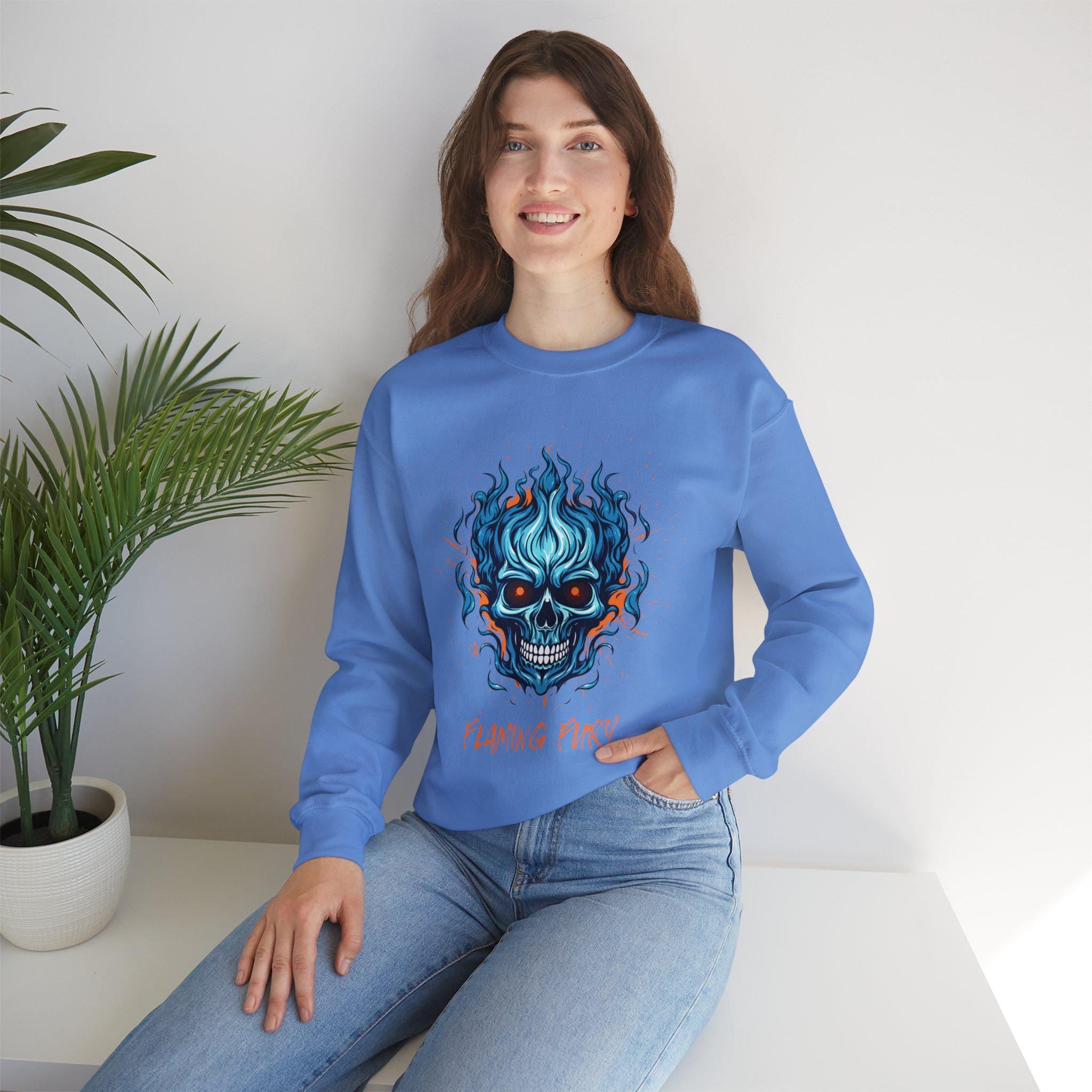 Flaming Fury Skull Sweatshirt | Graphic Hoodie for Men and Women | Cozy Casual Wear | Unique Gift Ideas for Halloween & Beyond