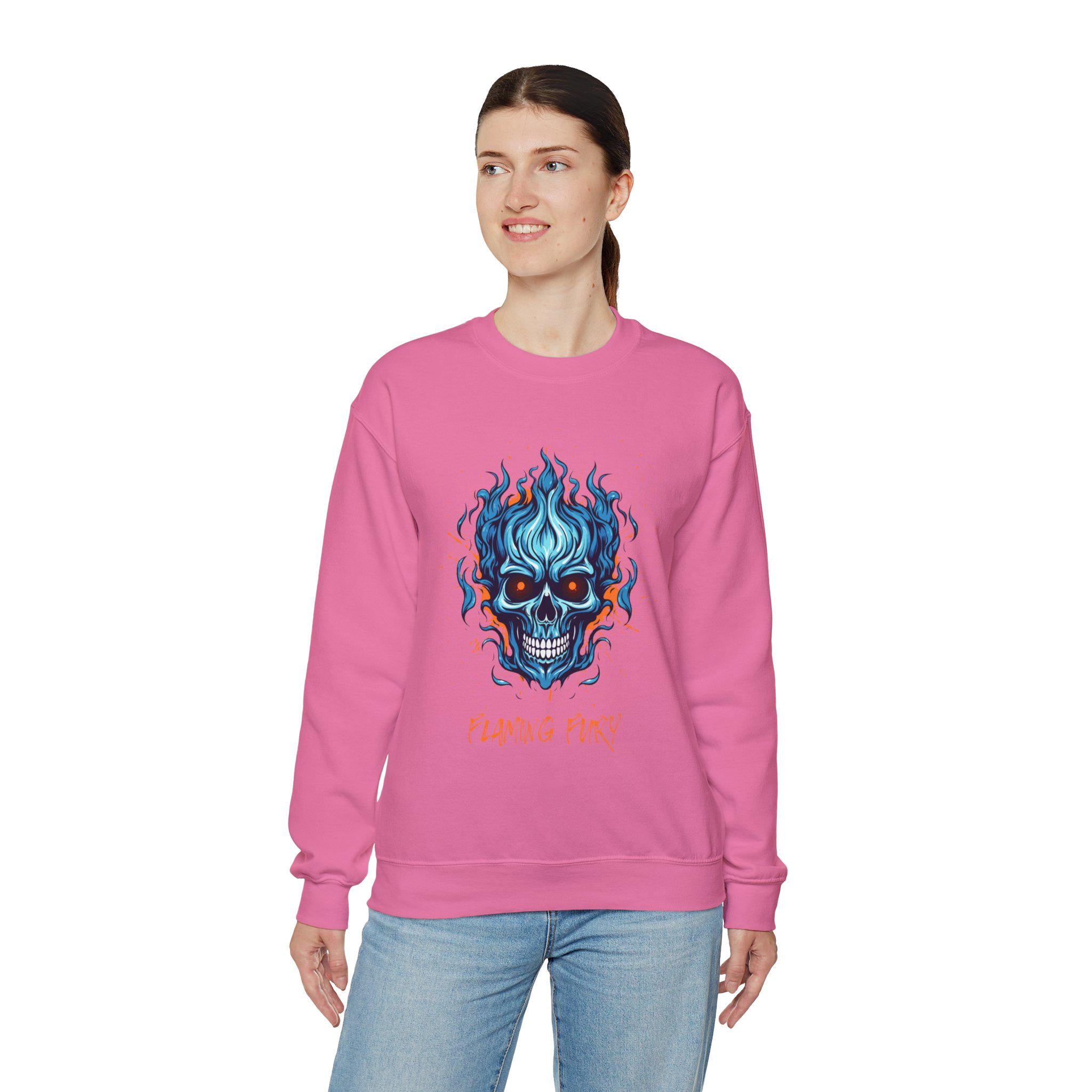 Flaming Fury Skull Sweatshirt | Graphic Hoodie for Men and Women | Cozy Casual Wear | Unique Gift Ideas for Halloween & Beyond