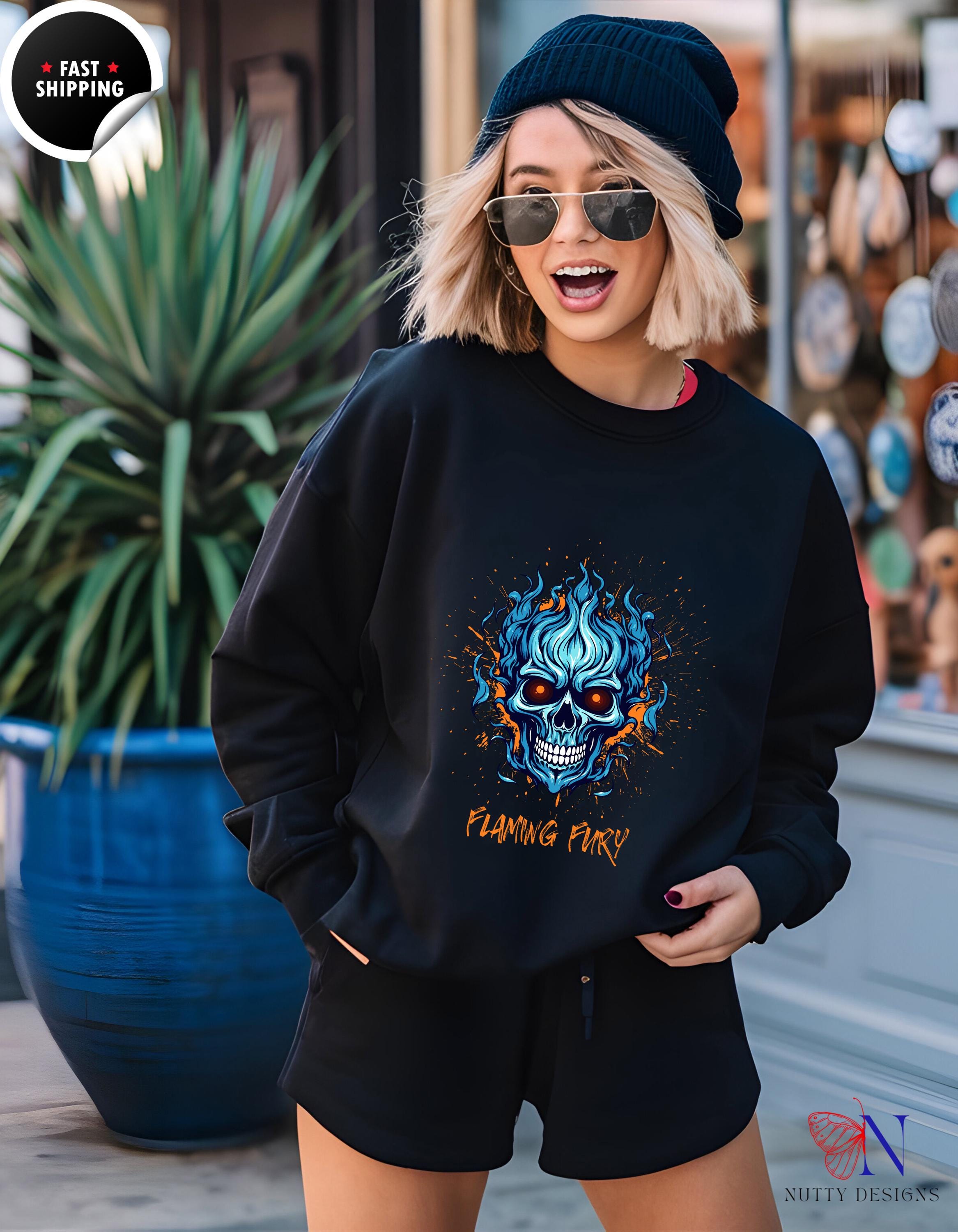 Flaming Fury Skull Sweatshirt | Graphic Hoodie for Men and Women | Cozy Casual Wear | Unique Gift Ideas for Halloween & Beyond