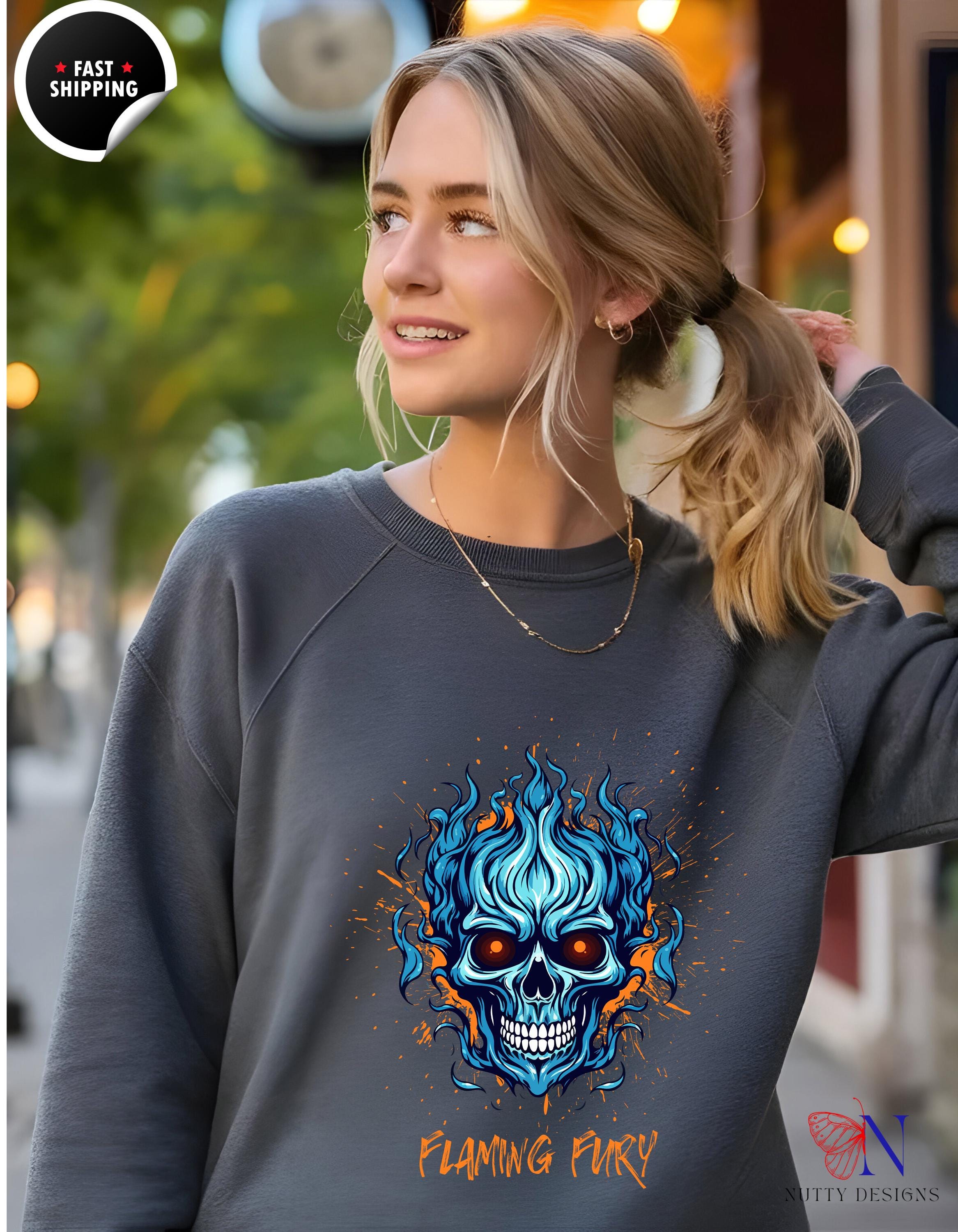 Flaming Fury Skull Sweatshirt | Graphic Hoodie for Men and Women | Cozy Casual Wear | Unique Gift Ideas for Halloween & Beyond