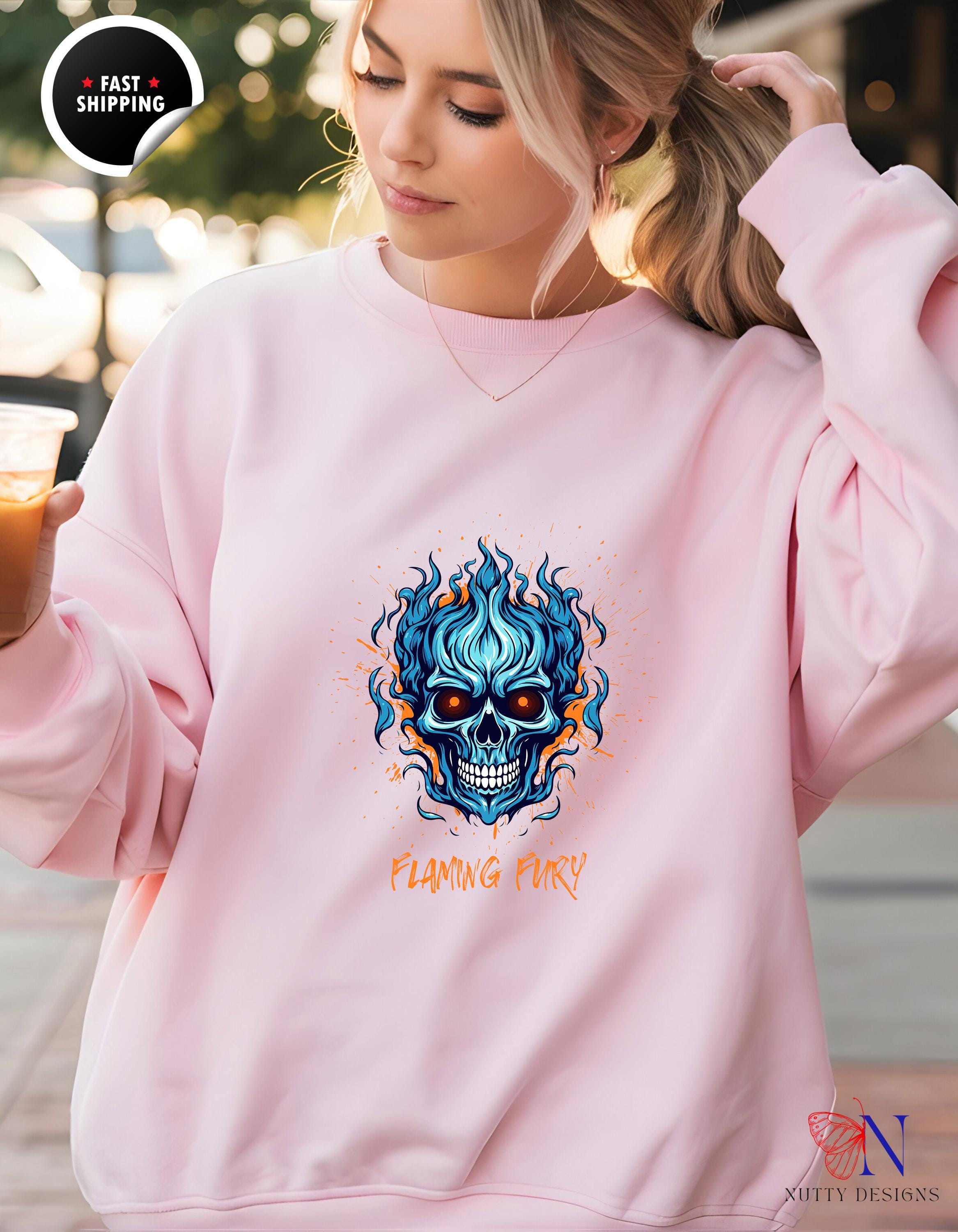 Flaming Fury Skull Sweatshirt | Graphic Hoodie for Men and Women | Cozy Casual Wear | Unique Gift Ideas for Halloween & Beyond