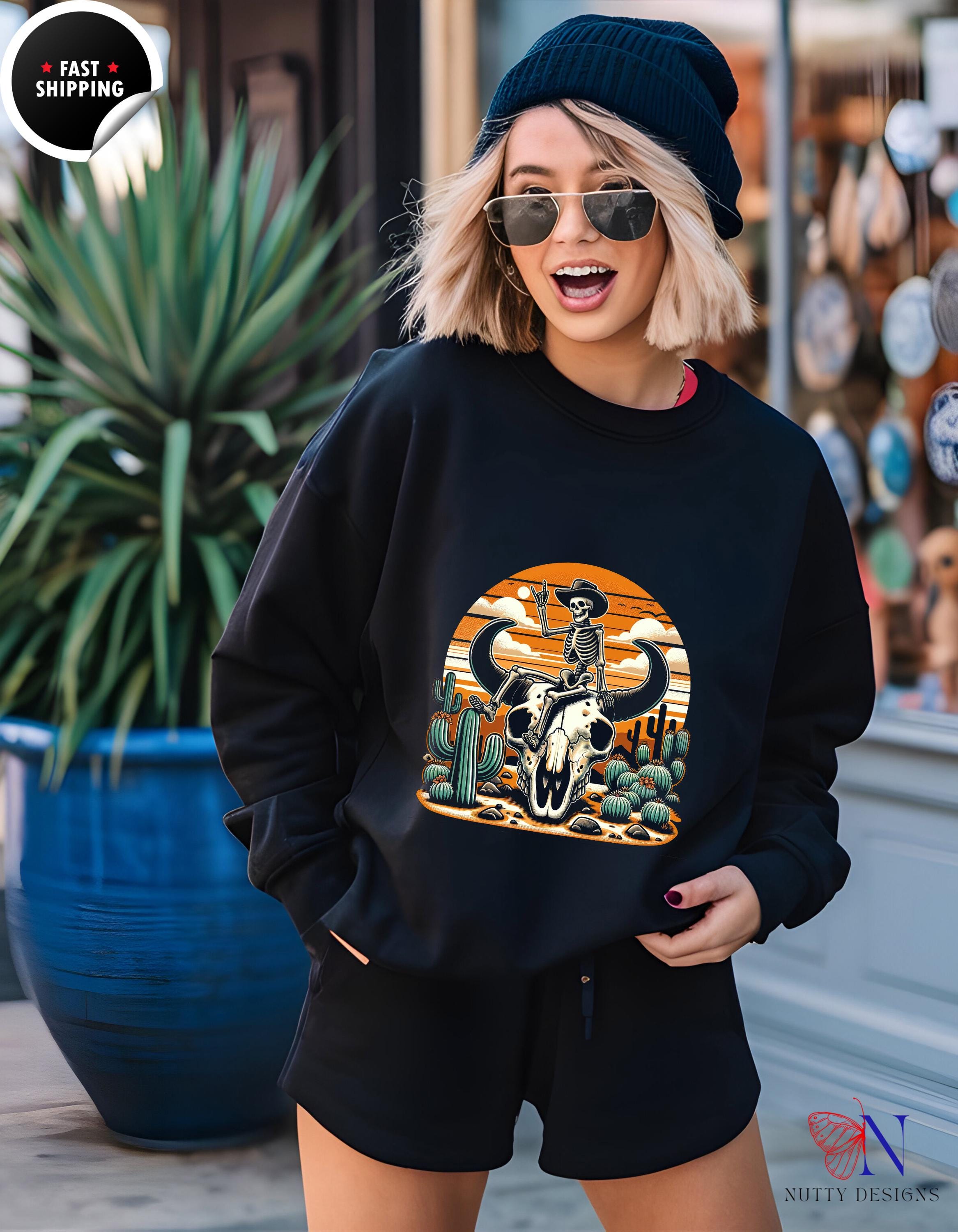 Cowboy Skeleton Bull Skull Sweatshirt | Desert Style, Cozy Long Sleeve Top, Gifts for Her & Him