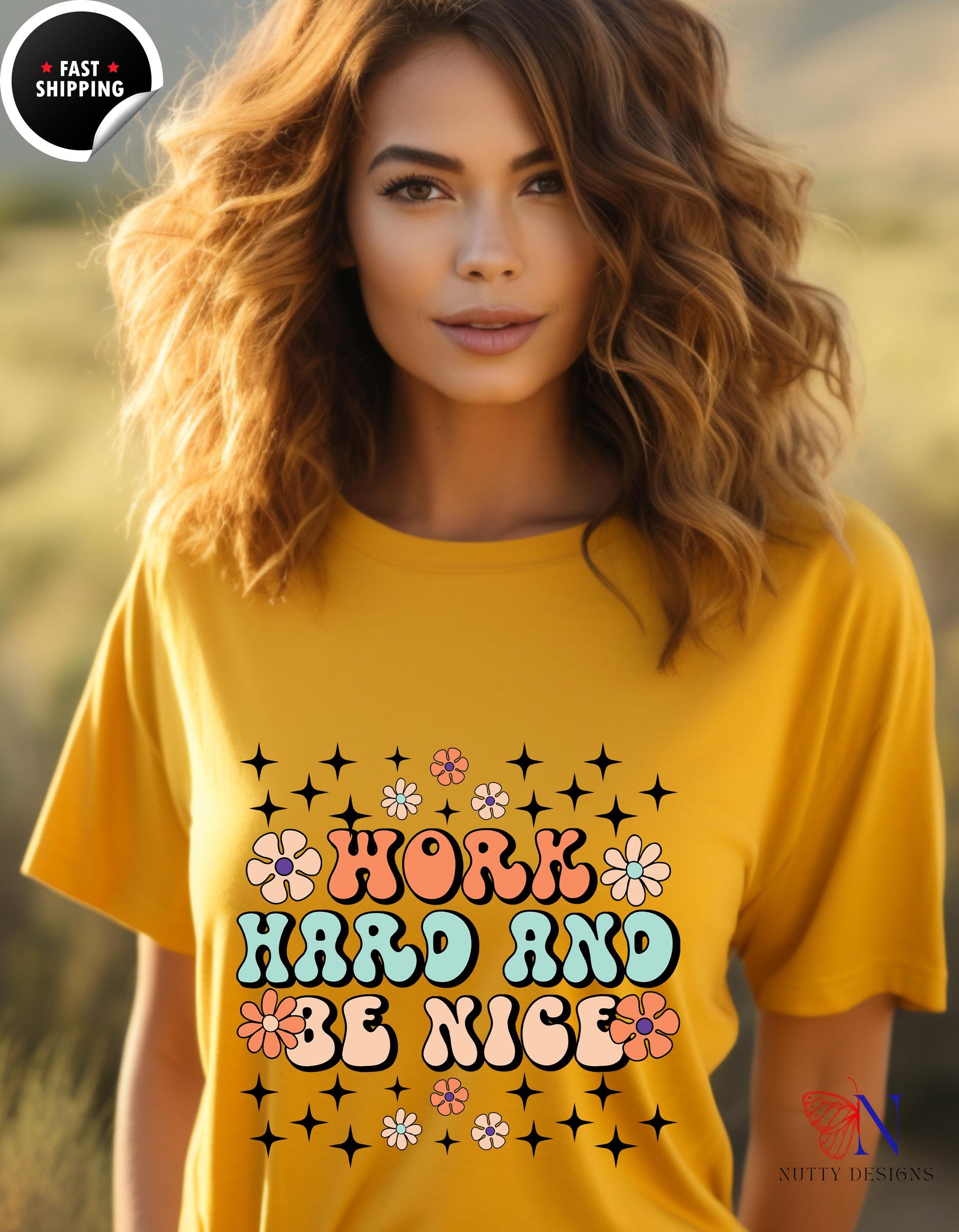 a woman wearing a yellow shirt that says work hard and be nice