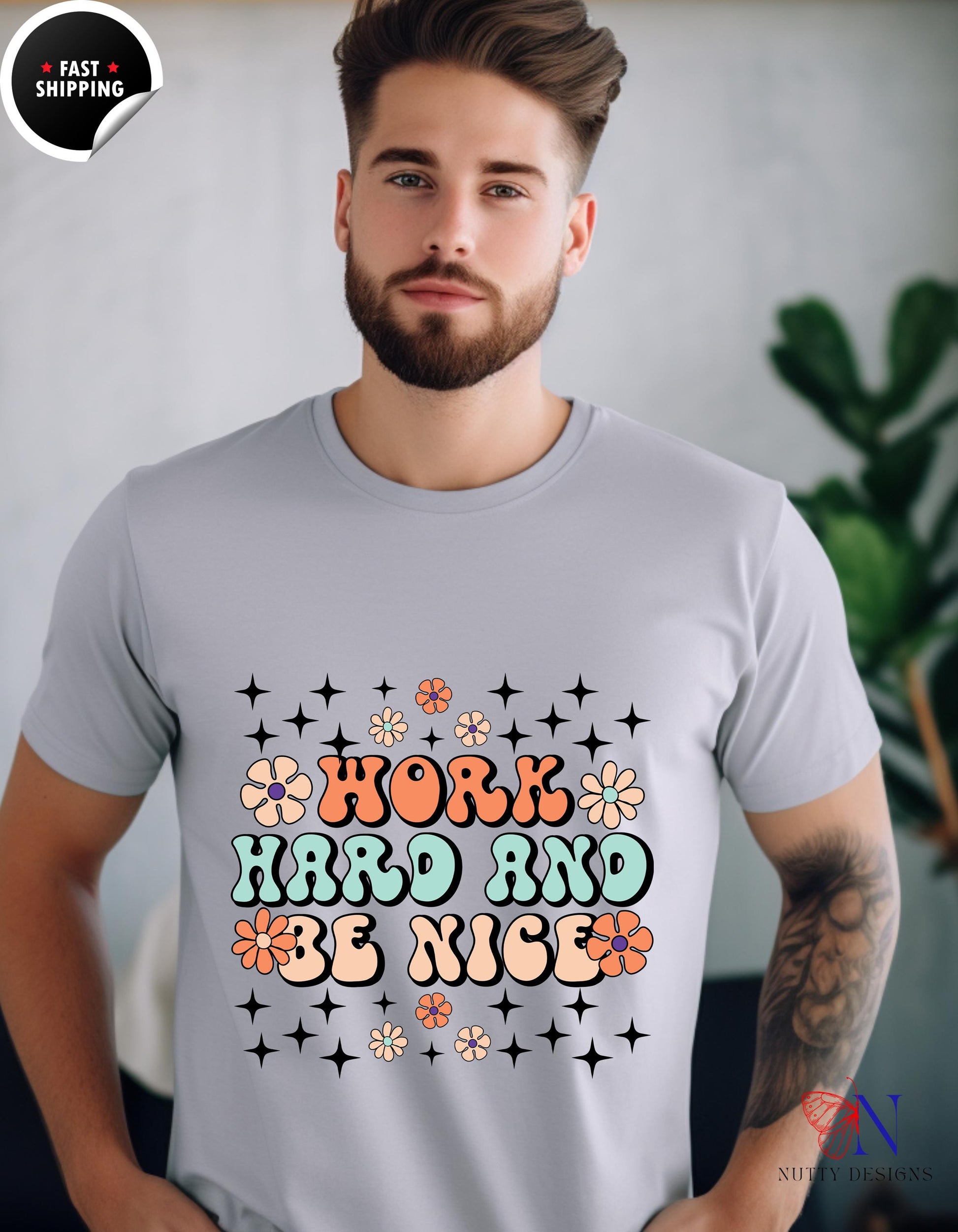 a man wearing a t - shirt that says hope, hard and nice