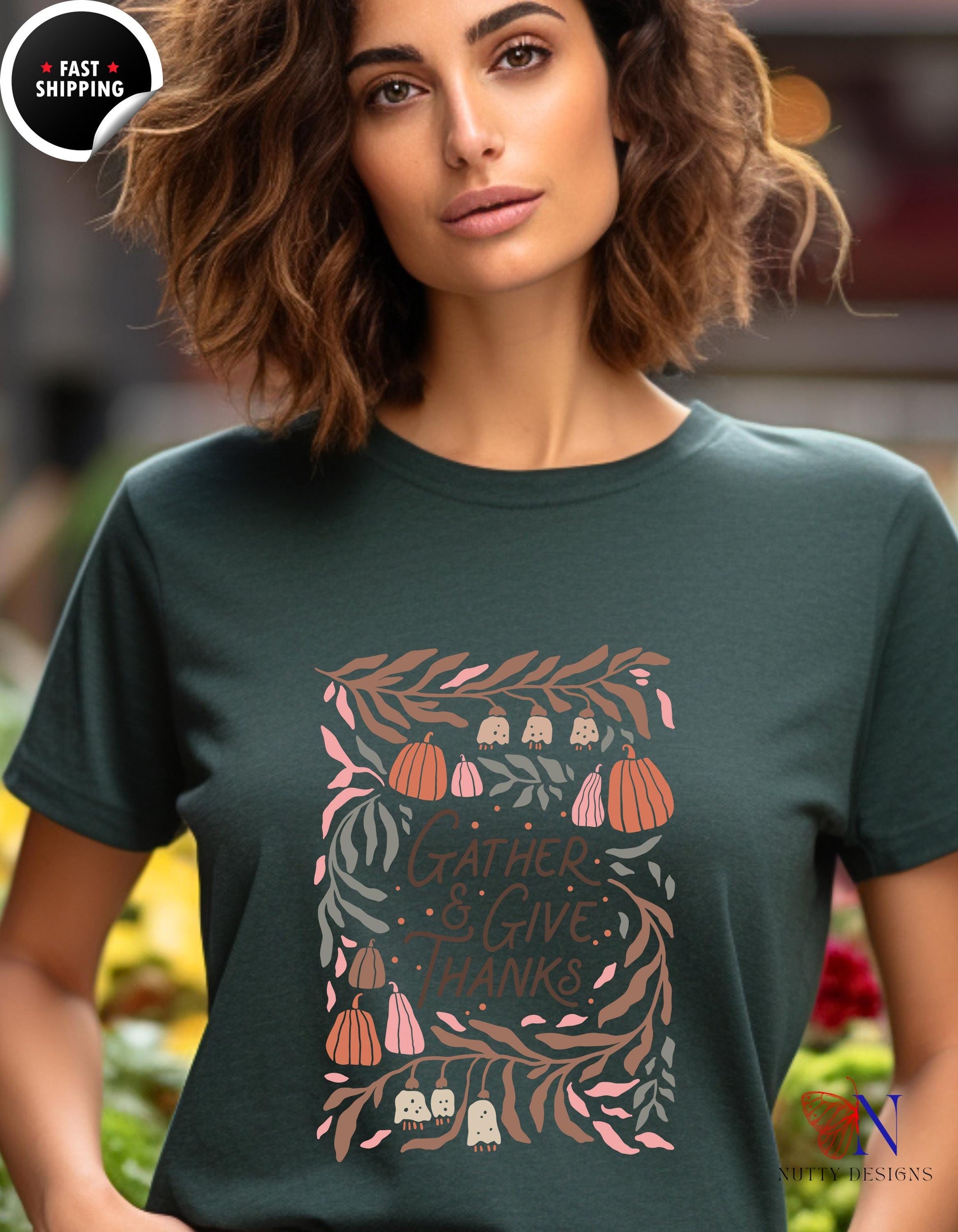 a woman wearing a t - shirt that says eat the leaves