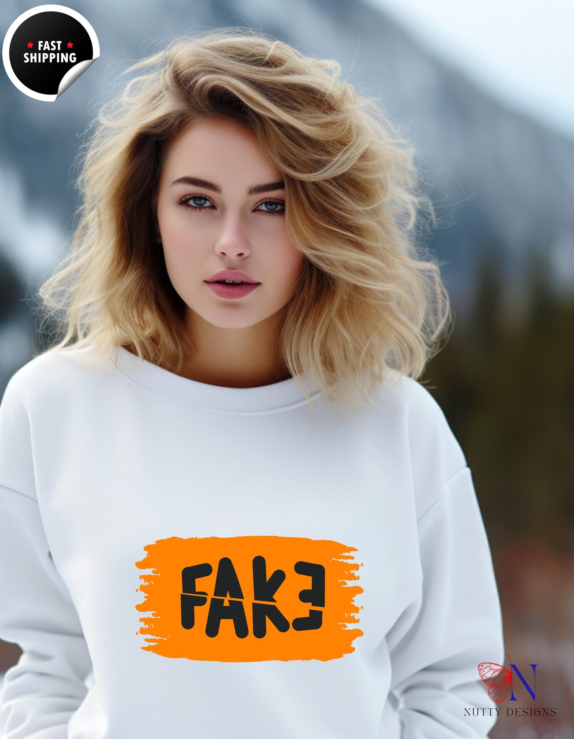 a woman with blonde hair wearing a white sweatshirt with a fake fake fake fake fake