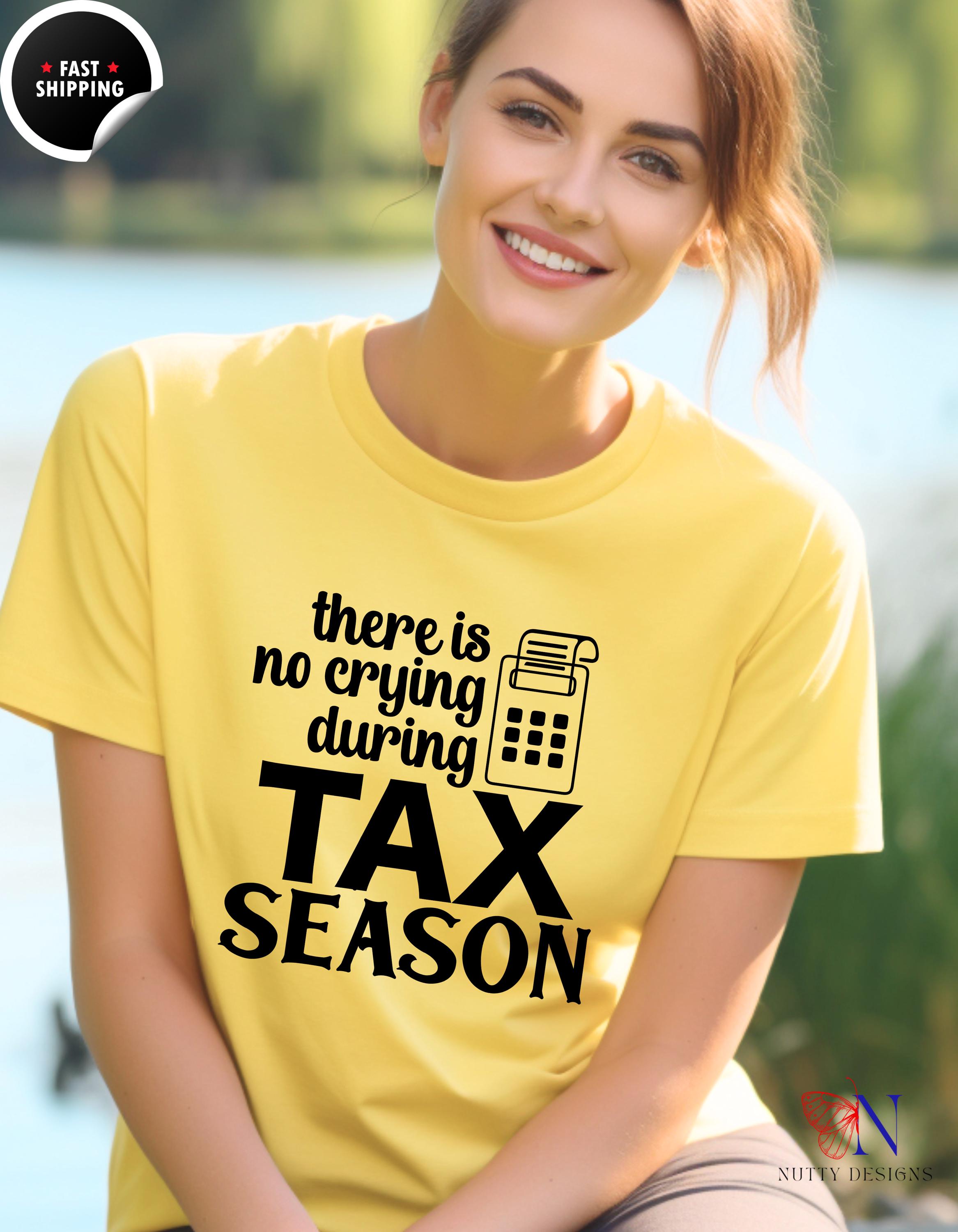 a woman wearing a yellow t - shirt that says there is no crying during tax