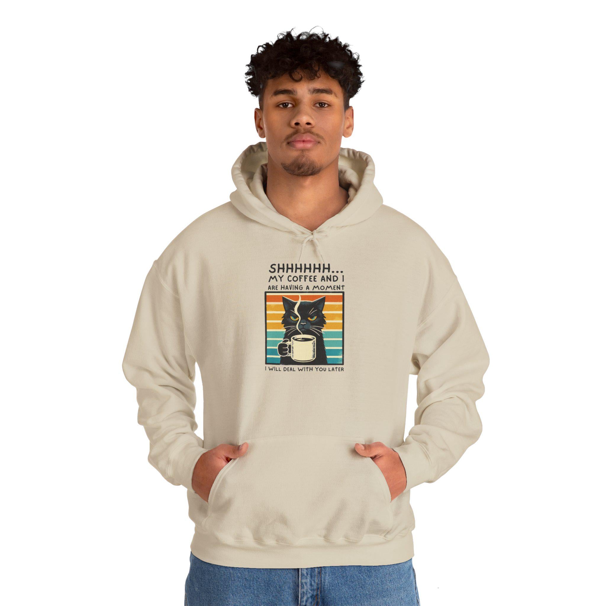 Unisex heavy blend hoodie with funny coffee moment design, featuring spacious kangaroo pocket and drawstring hood.