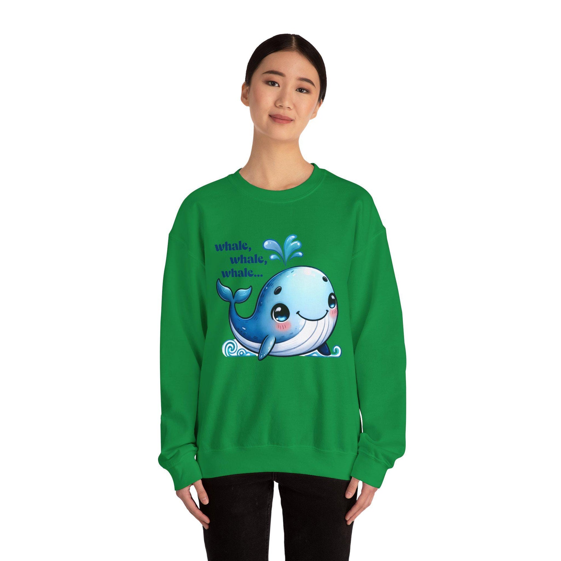 Cute green sweatshirt featuring a playful whale graphic and punny text, ideal for animal lovers.