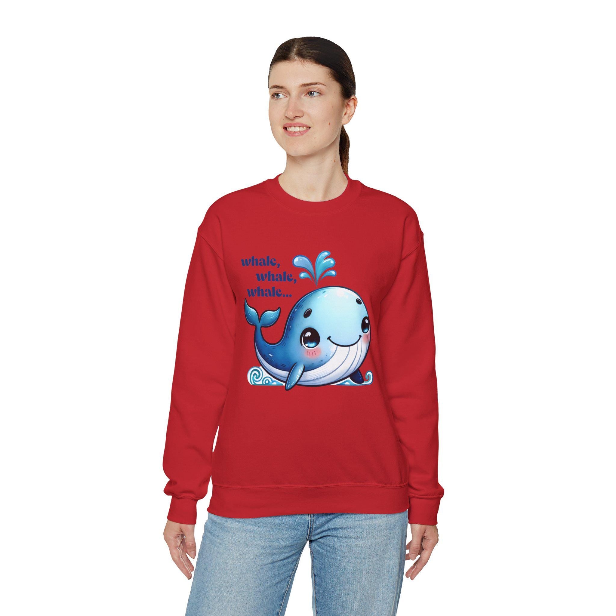 Cute whale graphic on red sweatshirt for animal lovers, featuring the text 'whale, whale, whale...'. Perfect for cozy outings.