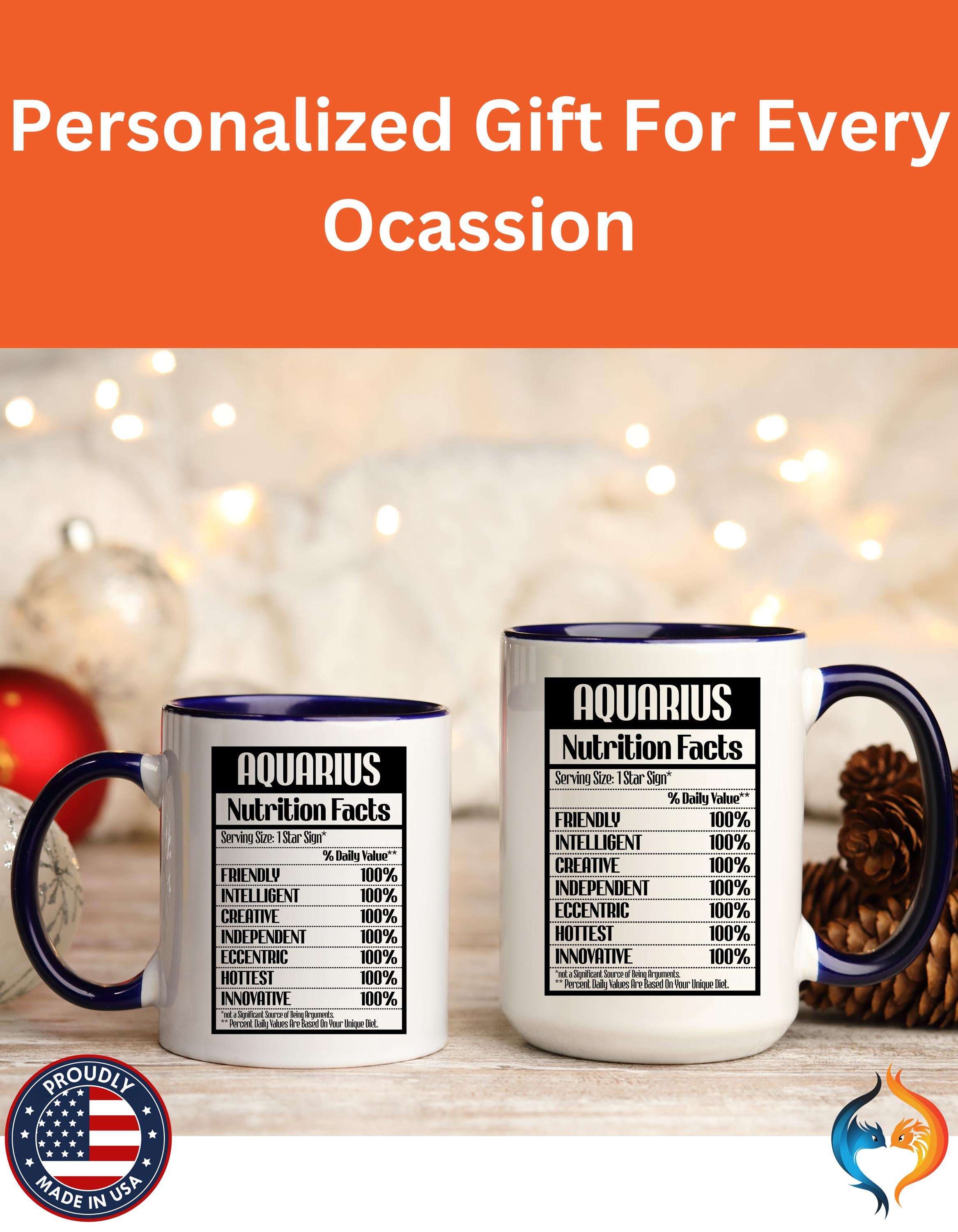 Funny Coffee Mug, Personalized Mug, Aquarius Nutrition Facts Accent Coffee Cup (11, 15oz), Gift Under 20, White Elephant Gift, Zodiac Cup