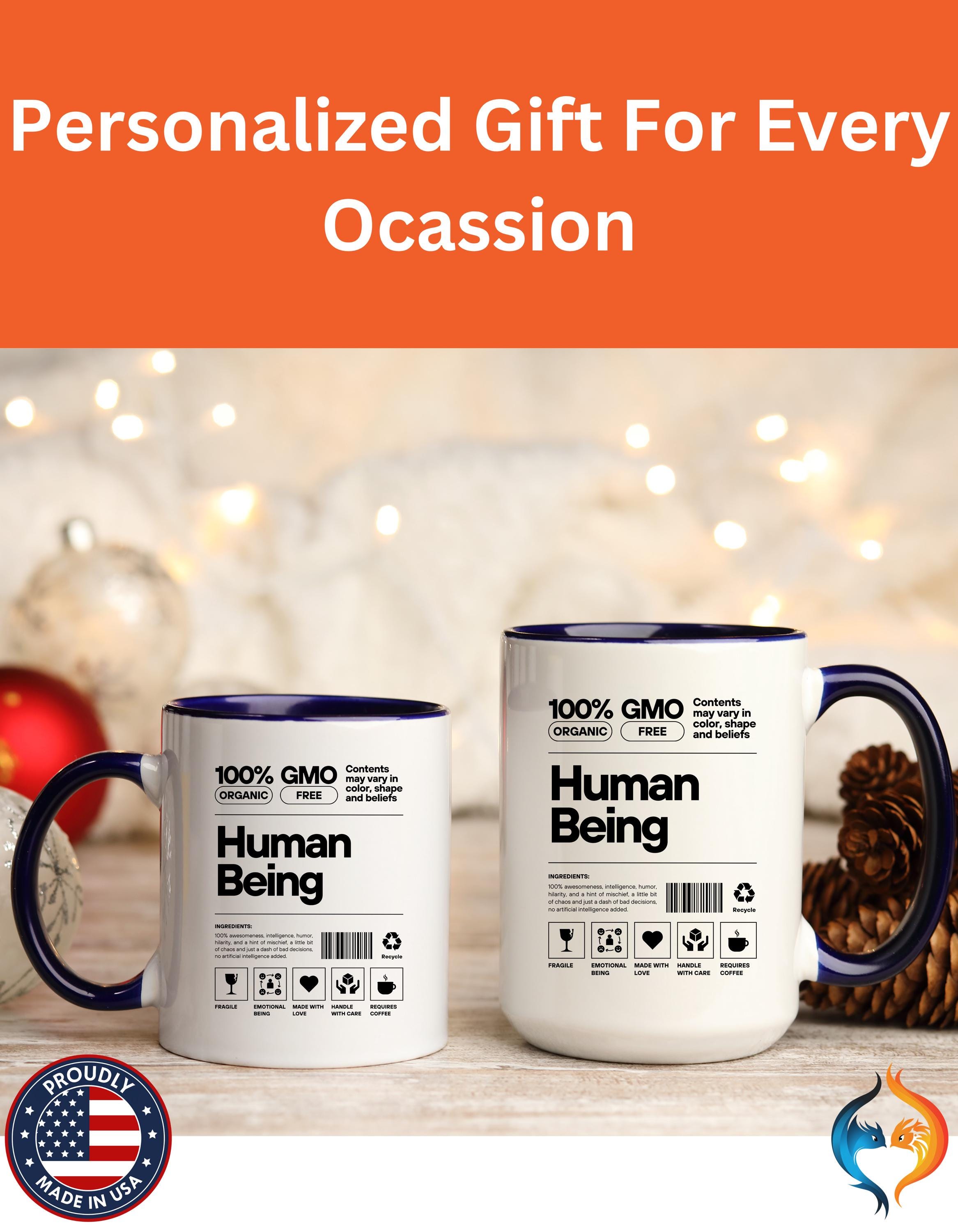 Funny Coffee Mug, Personalized Mug, Human Being Nutrition Facts Accent Cup (11, 15oz), Gift Under 20, White Elephant gift, quirky nerdy cup