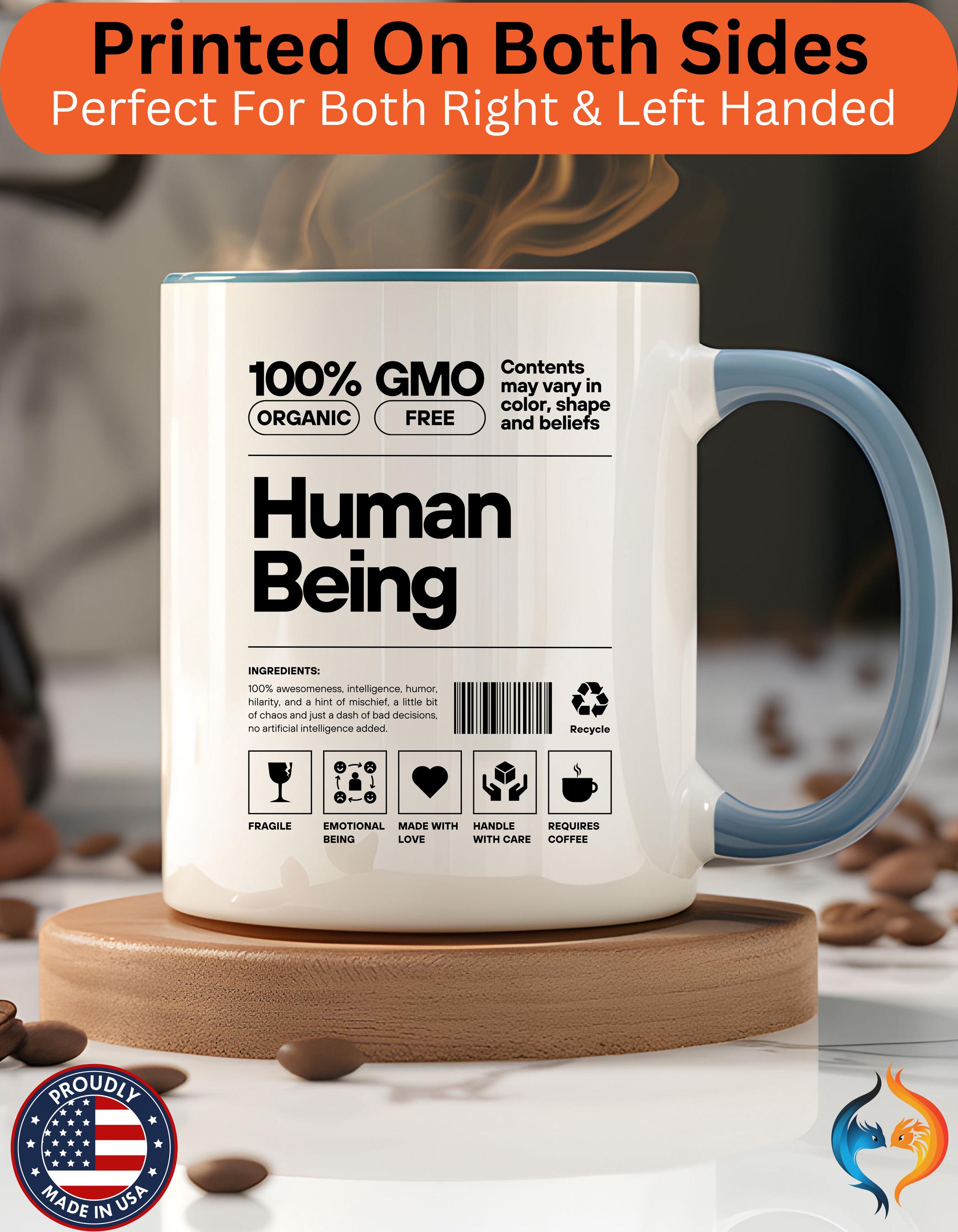 Funny Coffee Mug, Personalized Mug, Human Being Nutrition Facts Accent Cup (11, 15oz), Gift Under 20, White Elephant gift, quirky nerdy cup