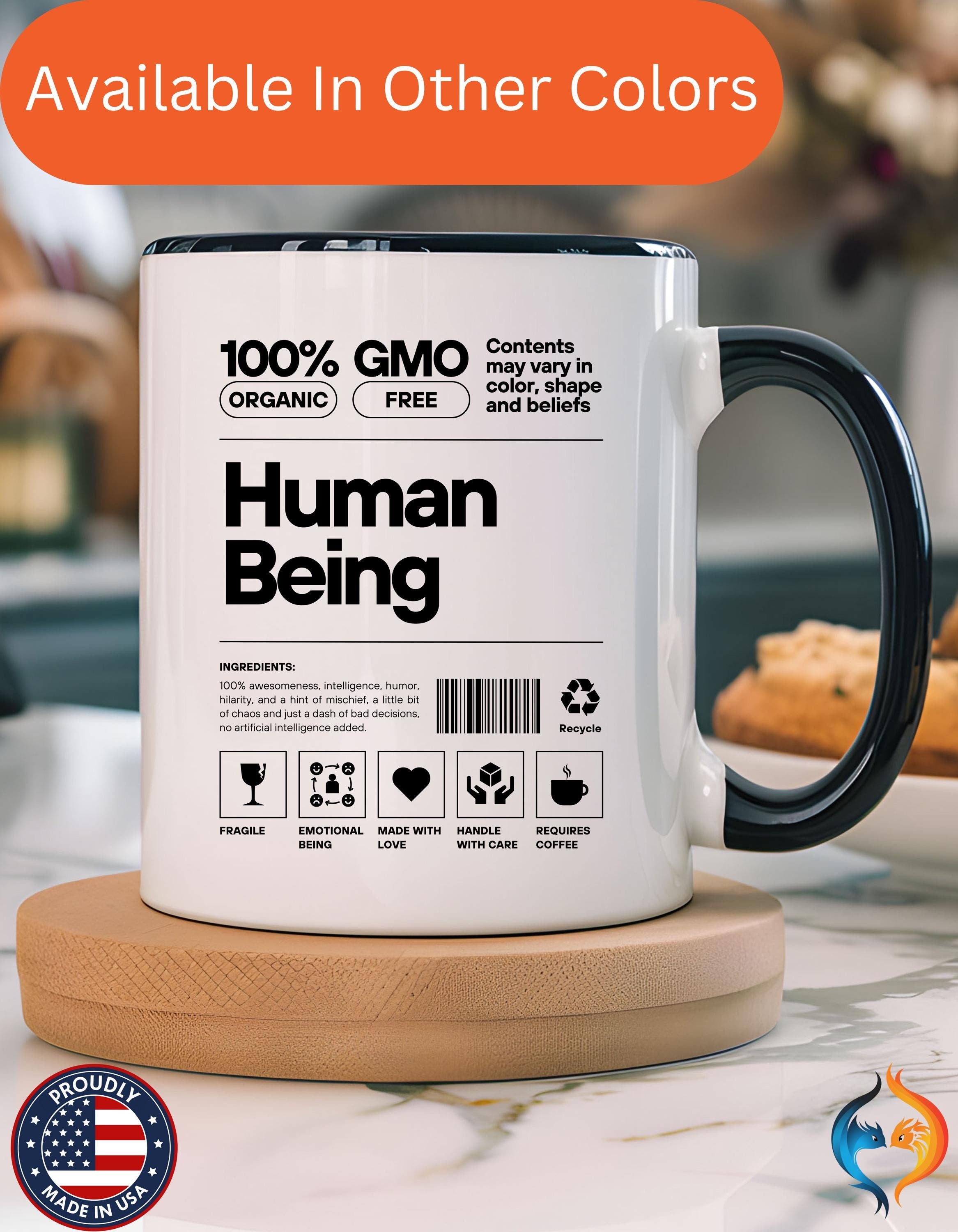 Funny Coffee Mug, Personalized Mug, Human Being Nutrition Facts Accent Cup (11, 15oz), Gift Under 20, White Elephant gift, quirky nerdy cup