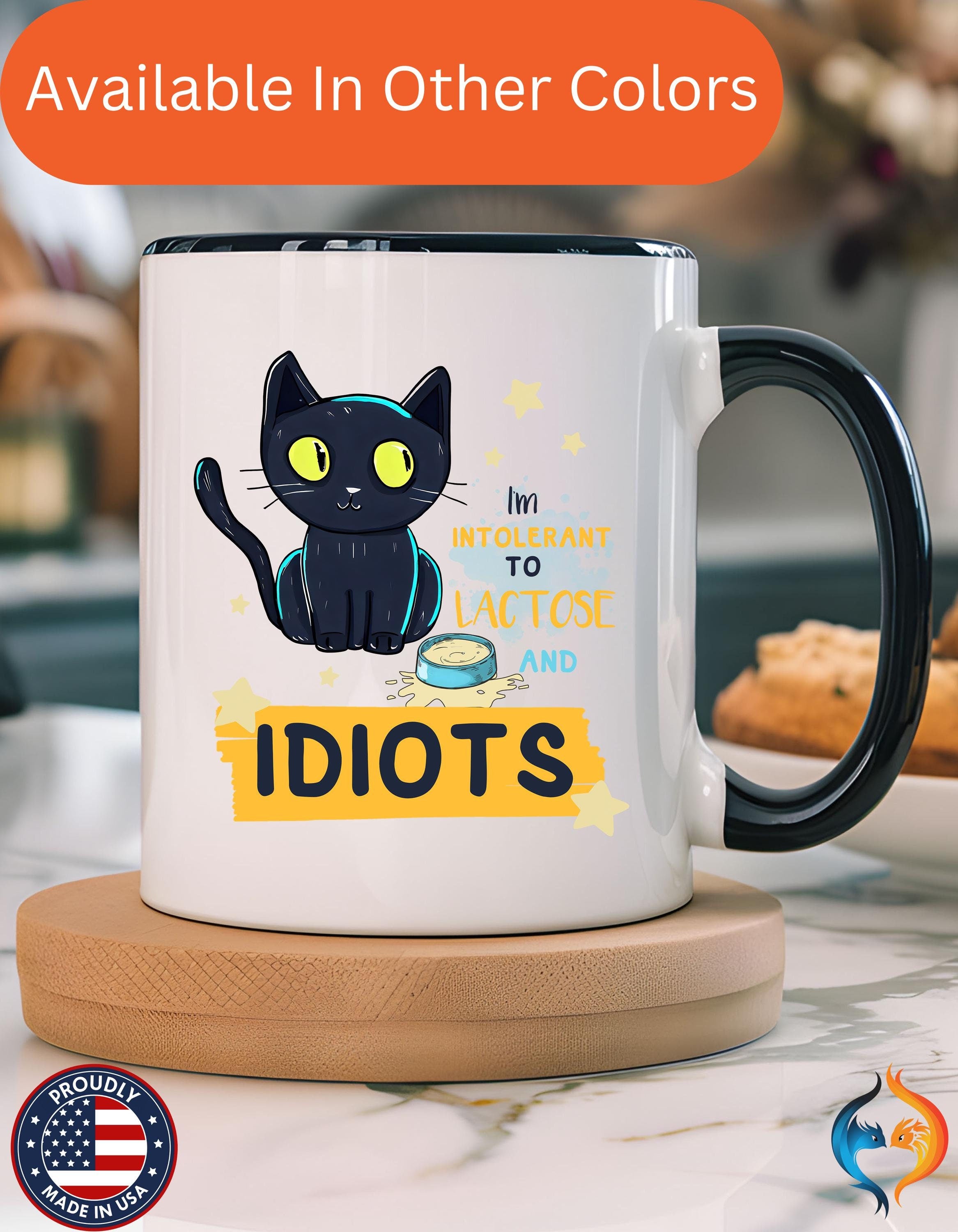 Funny Coffee Mug, Personalized Mug, Cute Cat Intolerant To Lactose and Idiots Accent Cup (11, 15oz), Gift Under 20, White Elephant gift