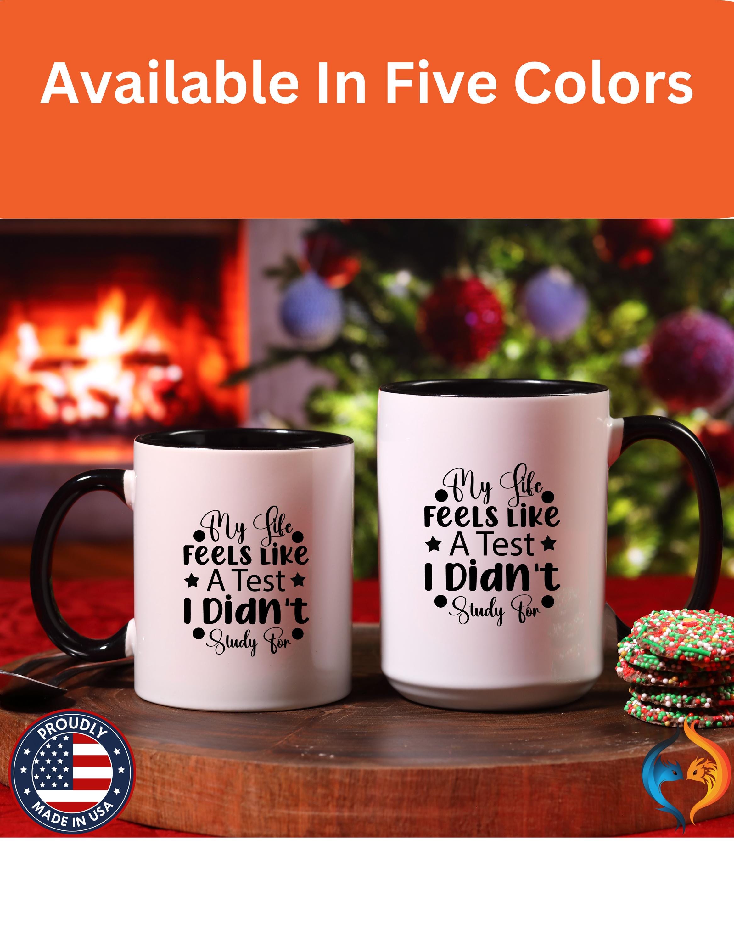 Funny Coffee Mug, Personalized Mug, My Life Feels Like a Test I Didn't Study For Accent Cup (11, 15oz), Gift Under 20, White Elephant gift