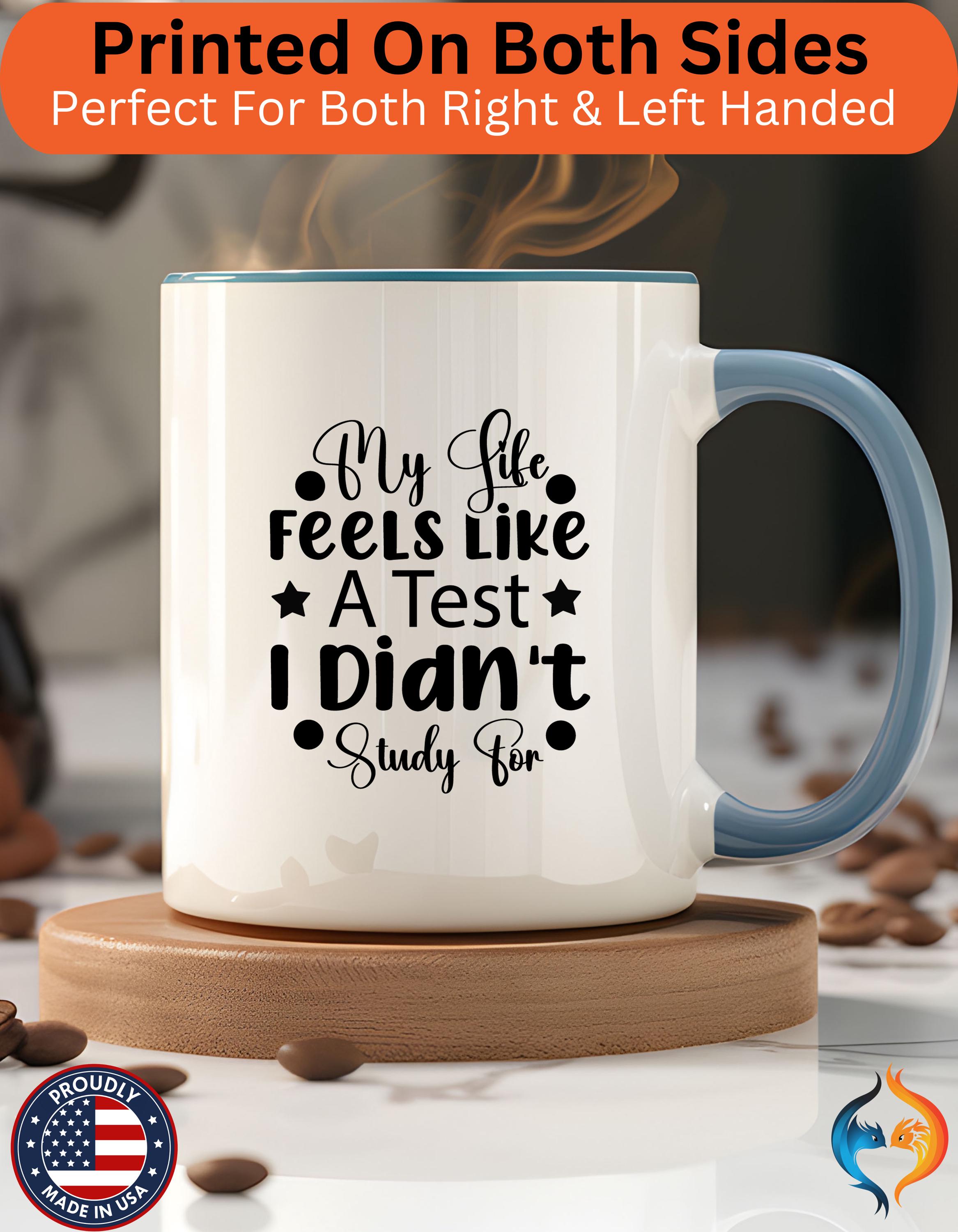 Funny Coffee Mug, Personalized Mug, My Life Feels Like a Test I Didn't Study For Accent Cup (11, 15oz), Gift Under 20, White Elephant gift