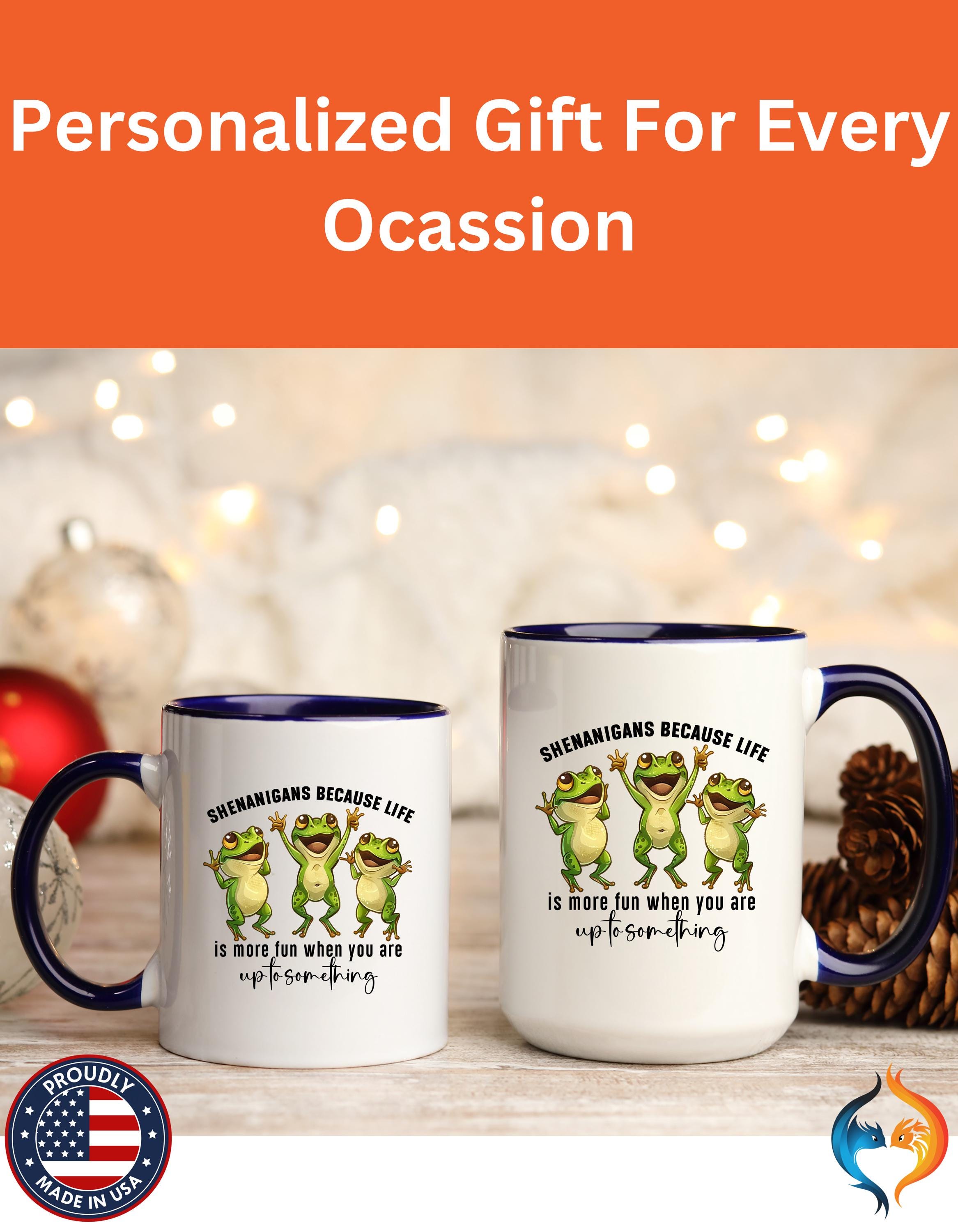 Funny Coffee Mug, Personalized Mug, Shenanigans because life Is More Fun Upto Something Accent Cup (11, 15oz), Gift Under 20, White Elephant