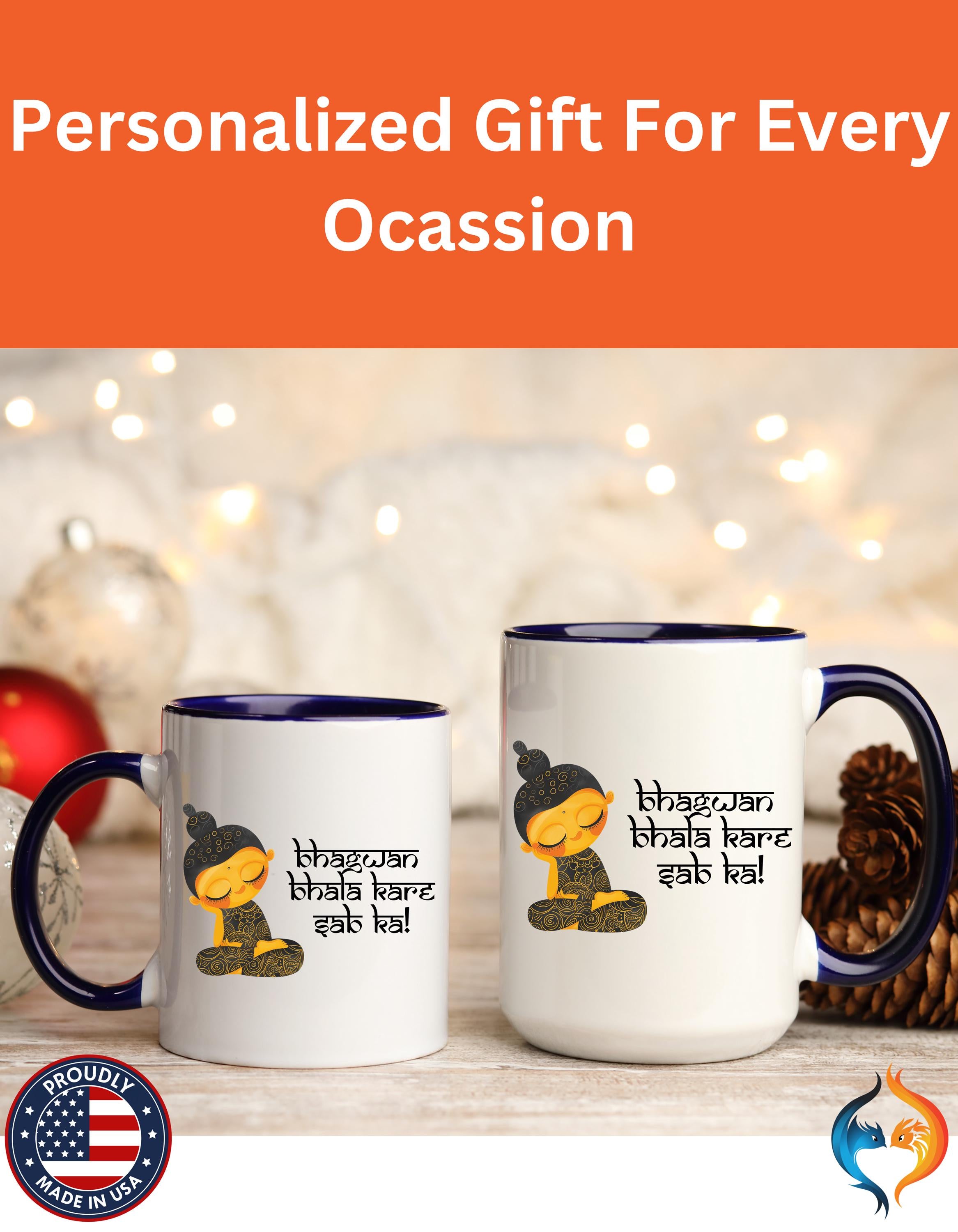 Funny Coffee Mug, Personalized Mug, Desi Roots Cup Bhagwan Bhala Kare Sab Ka Accent Cup (11/15oz), Indian Gift Under 20, White Elephant