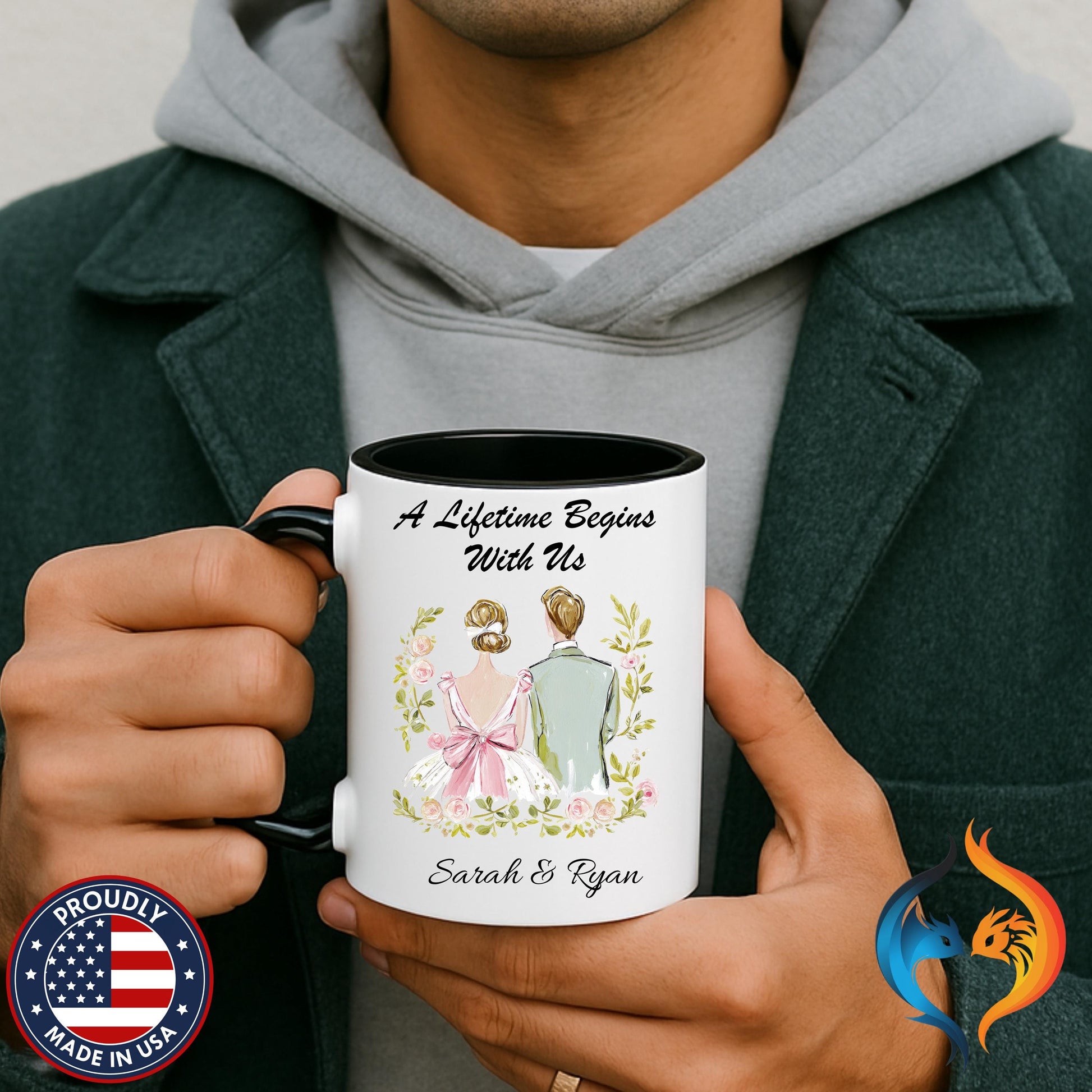 Bride and Groom Illustration A Lifetime Begins With Us Mug Product Photo | Nutty Designs